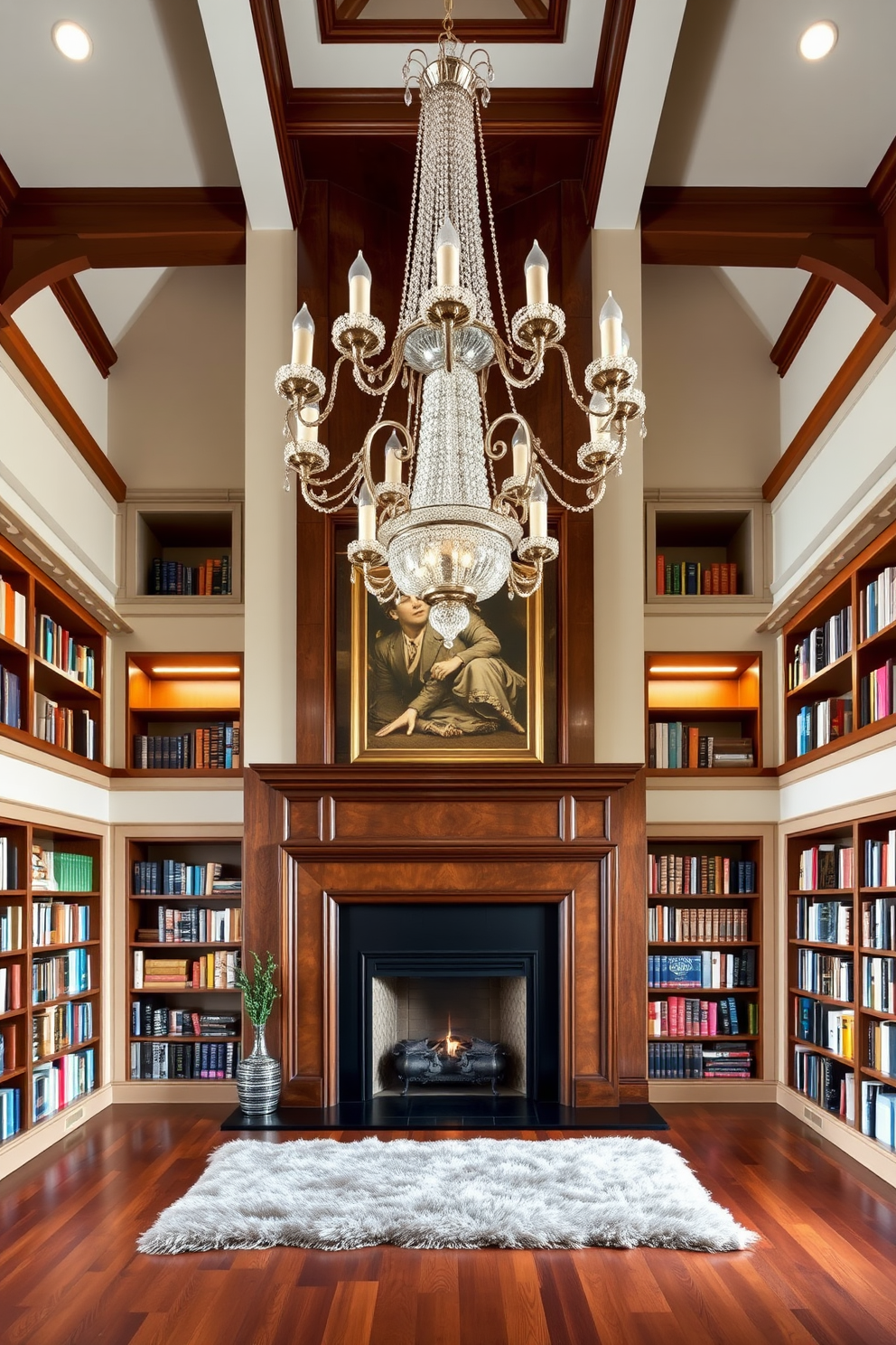 A cozy home library features floor-to-ceiling bookshelves filled with a diverse collection of books. In the center, a warm fireplace with a classic mantel creates an inviting focal point, perfect for reading and relaxation.