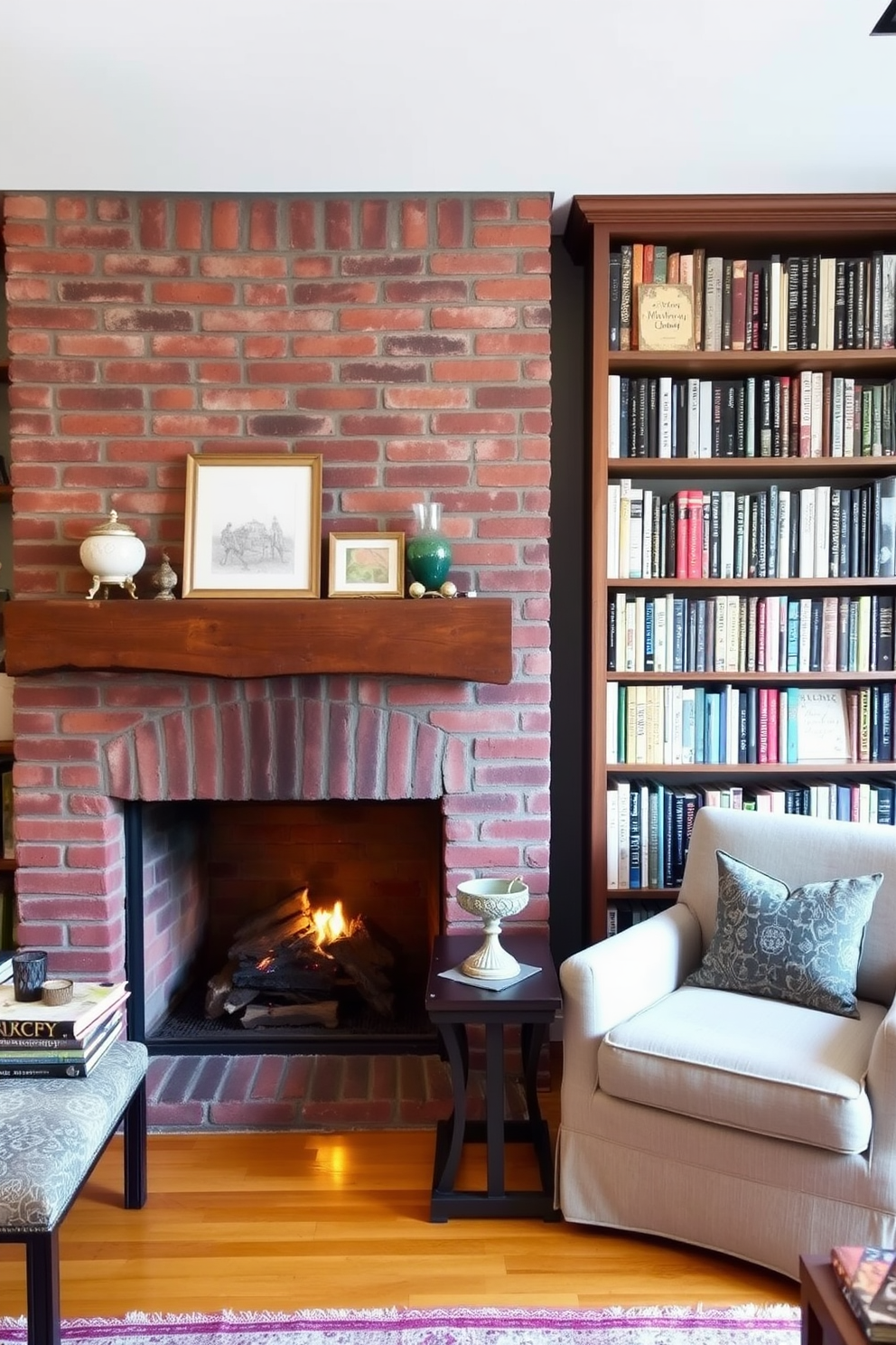 A cozy fireplace is nestled within a reclaimed brick surround, creating a warm focal point in the room. A rustic wooden mantel rests above, adorned with carefully curated decor items and soft lighting. The home library features floor-to-ceiling bookshelves filled with an array of books, inviting readers to explore. A plush reading nook is positioned near the fireplace, complete with a comfortable armchair and a small side table for beverages.