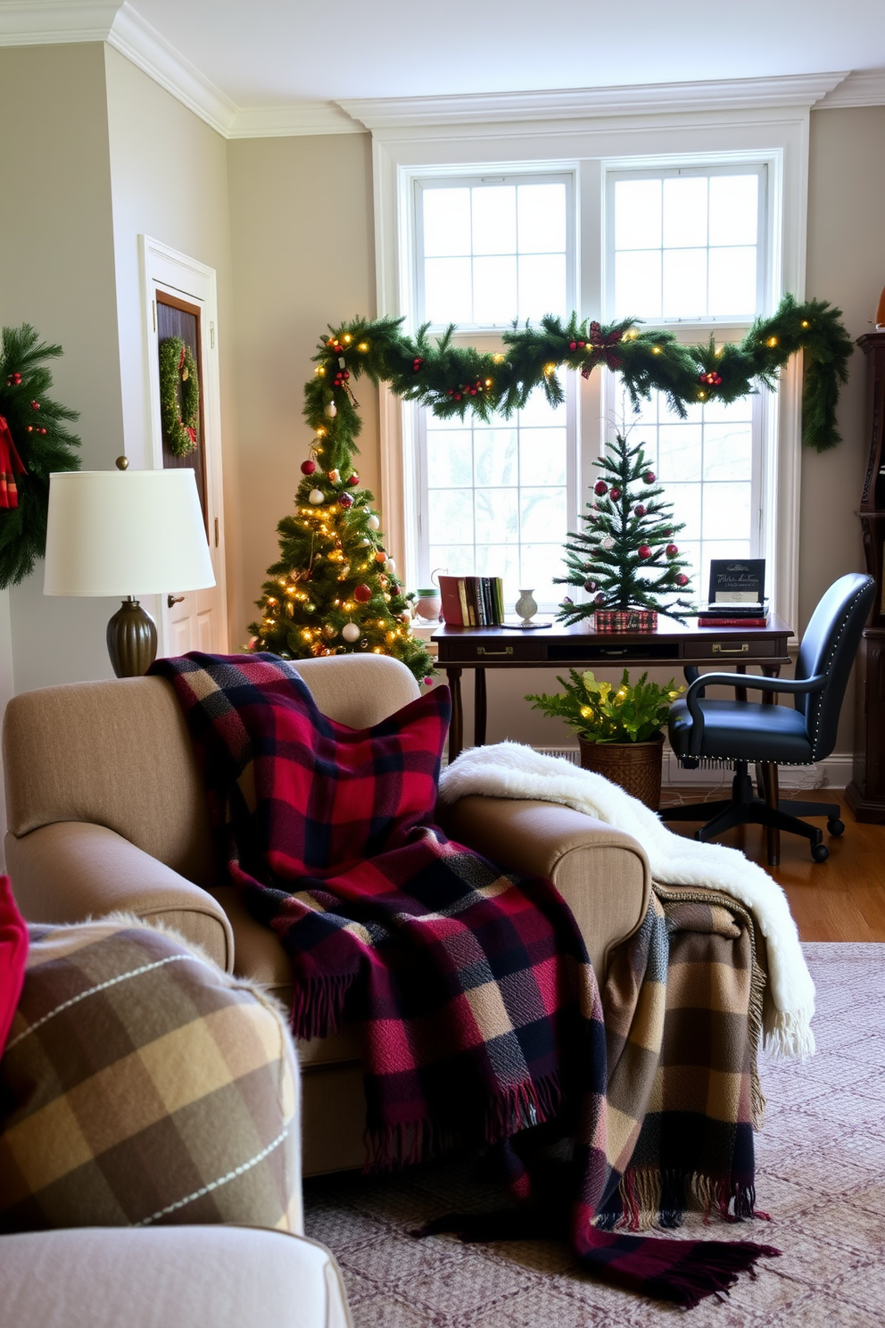 Cozy plaid throw blankets draped over plush armchairs create a warm and inviting atmosphere in the living space. The rich textures and colors of the blankets complement the neutral tones of the room, enhancing its comfort. In the home office, festive Christmas decorations are tastefully arranged to inspire creativity. A small evergreen tree adorned with twinkling lights sits on the desk, while garlands of pine and red berries frame the windows, adding a cheerful touch to the workspace.