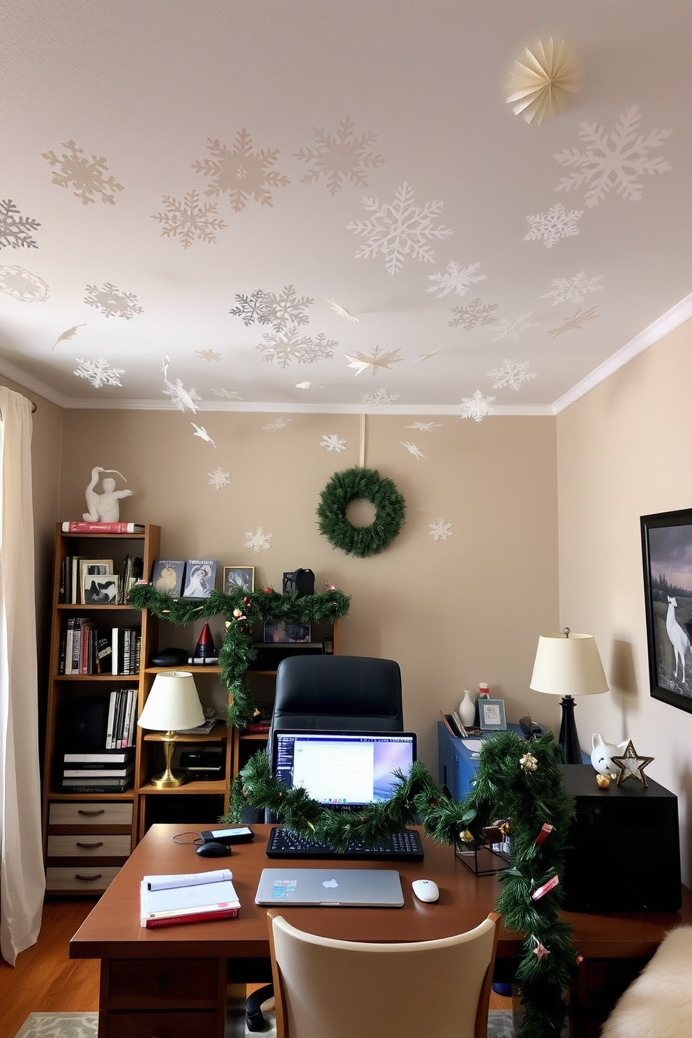 A cozy home office decorated for Christmas. The ceiling is adorned with DIY paper snowflakes, creating a whimsical atmosphere while a festive garland drapes across the desk.