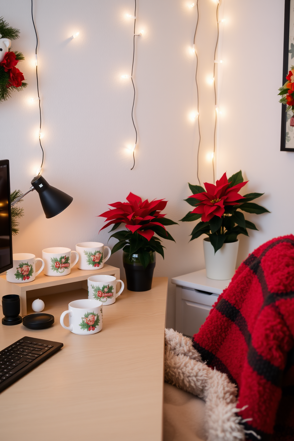 A cozy home office setting adorned with red and green cushions on the chairs. The desk is neatly organized with festive decorations that bring a cheerful holiday spirit to the workspace.