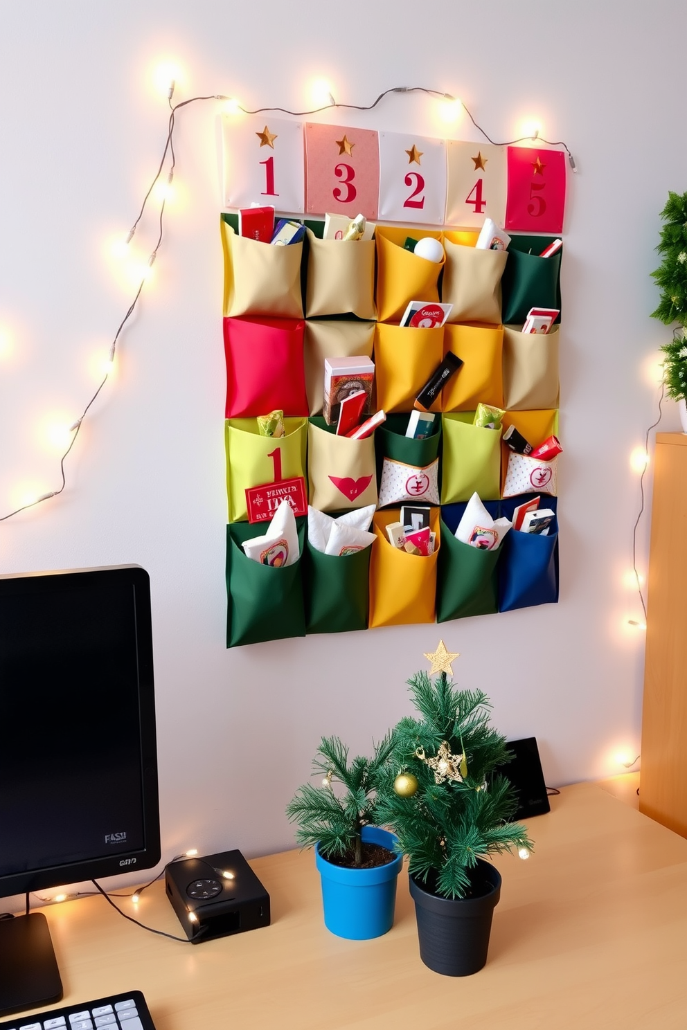 A festive office wall adorned with a colorful advent calendar. The calendar features numbered pockets filled with small gifts and holiday treats, creating a cheerful and inviting atmosphere. Surrounding the calendar, twinkling fairy lights add a warm glow to the space. A small potted Christmas tree sits on the desk, decorated with miniature ornaments and a star on top.