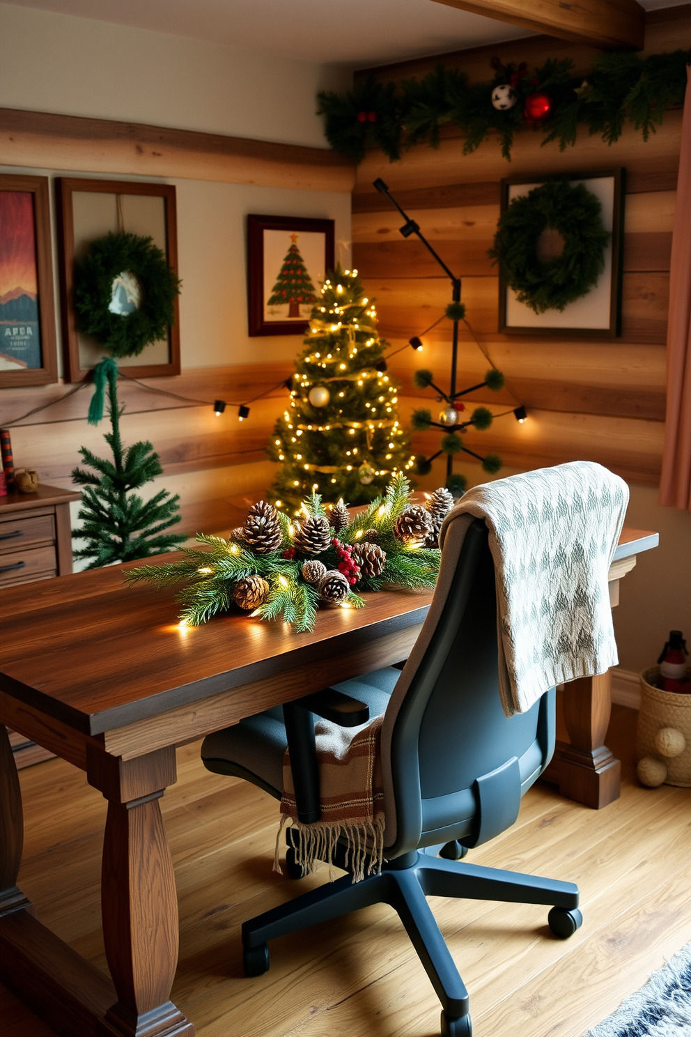 A rustic home office adorned for Christmas features a large wooden desk with a comfortable ergonomic chair. On the desk, a beautiful centerpiece made of pinecones and berries adds a festive touch, surrounded by twinkling fairy lights. The walls are decorated with seasonal artwork, and a small evergreen tree stands in the corner, adorned with delicate ornaments. A cozy throw blanket drapes over the chair, inviting warmth and creativity into the workspace.