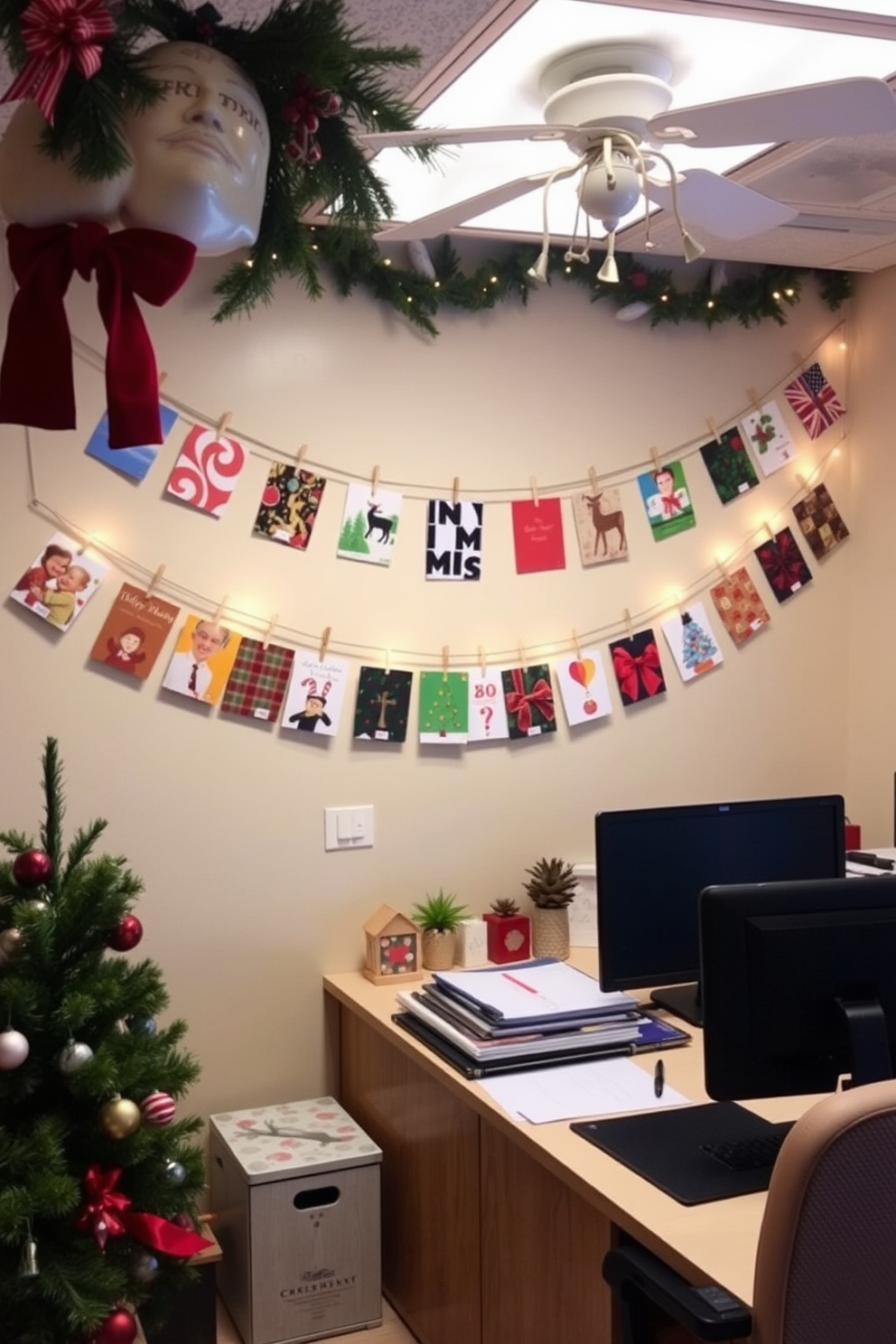 A festive home office decorated for the holidays. Colorful holiday cards are displayed on a string across the wall, creating a cheerful atmosphere.