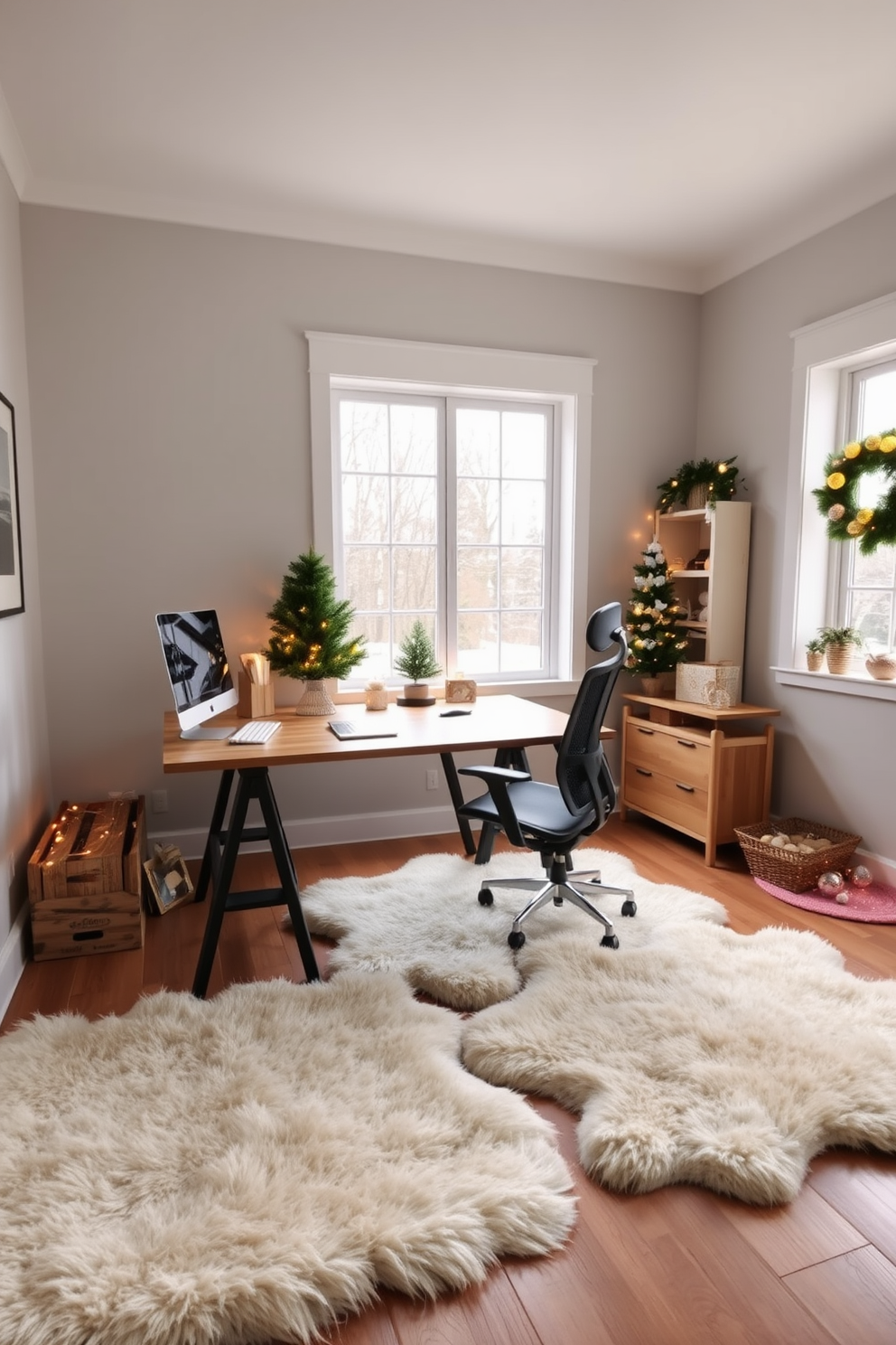 A cozy home office adorned with faux fur rugs to add warmth and texture. The space features a sleek wooden desk, a comfortable ergonomic chair, and festive Christmas decorations like twinkling lights and a small evergreen tree. The walls are painted in a calming soft gray, creating a serene atmosphere for work. A large window allows natural light to flood in, enhancing the inviting feel of the room during the holiday season.