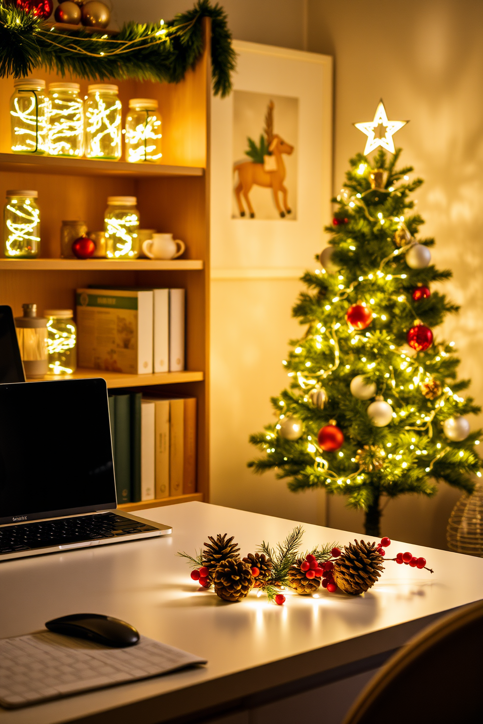 A cozy home office adorned with twinkling fairy lights inside glass jars creates a warm and inviting atmosphere. The jars are placed on shelves and the desk, casting a soft glow that enhances the festive spirit of the space. A beautifully decorated Christmas tree stands in the corner, adorned with elegant ornaments and a star on top. The desk features a small arrangement of pinecones and red berries, adding a touch of holiday charm to the workspace.