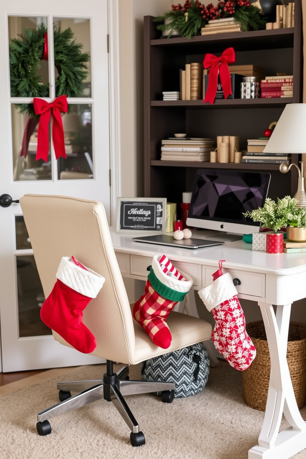 A cozy home office adorned for the holidays. Christmas stockings are hung by the desk, filled with small gifts and festive treats.