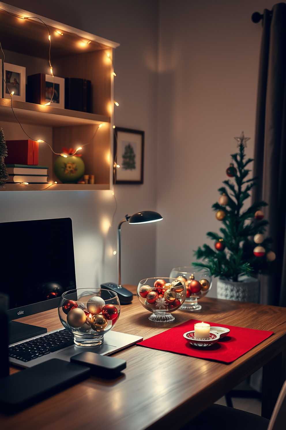 A cozy home office adorned for Christmas. The desk is topped with a festive mouse pad featuring a snowy landscape and a matching keyboard cover adorned with holiday patterns. Twinkling fairy lights drape over the shelves, illuminating a collection of holiday-themed books. A small pine tree sits in the corner, decorated with colorful ornaments and a star on top.