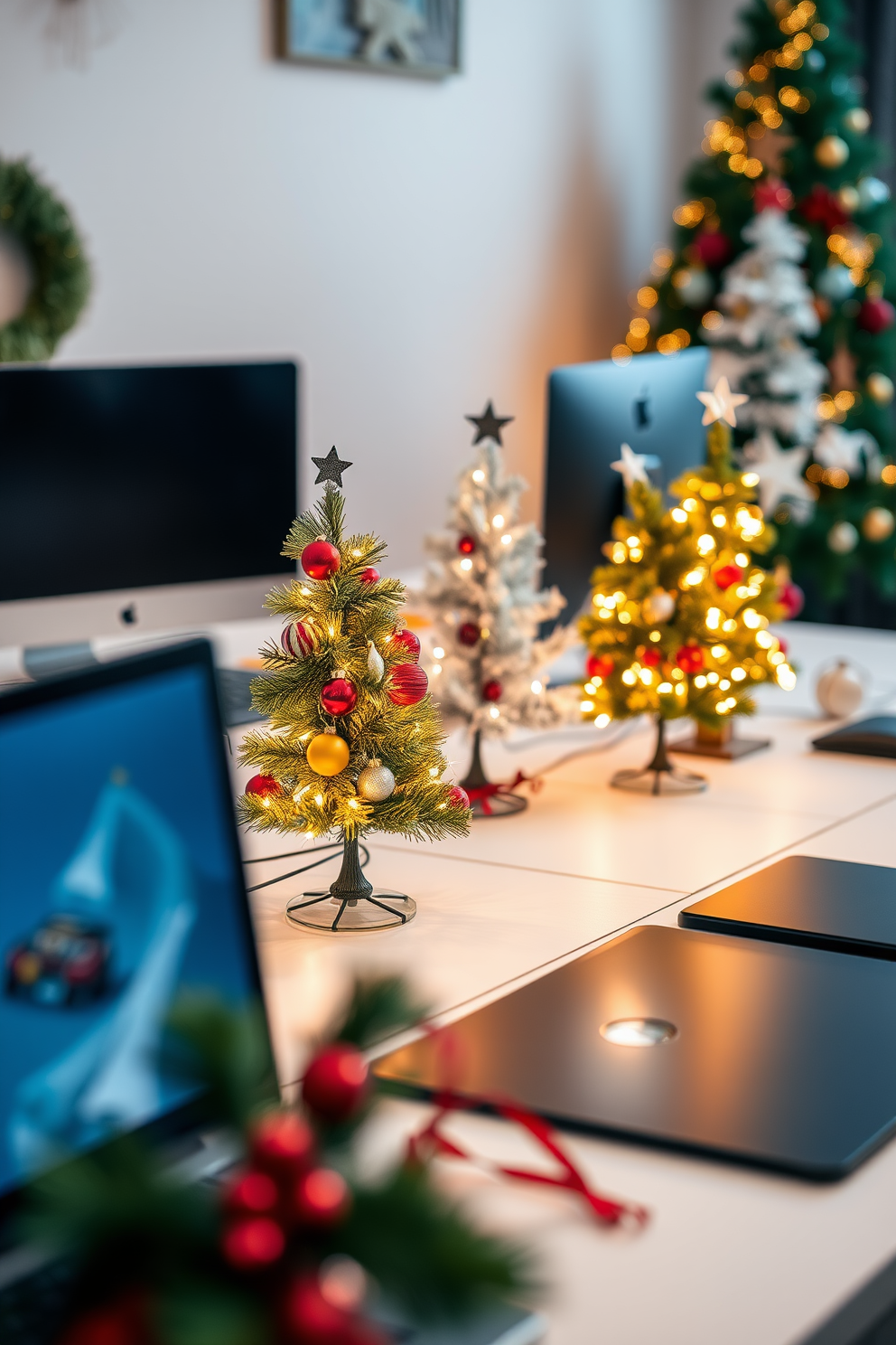 A cozy home office corner features a mini Christmas tree adorned with twinkling fairy lights and colorful ornaments. The desk is styled with festive decorations, including a garland of pine branches and a few carefully placed holiday-themed items.