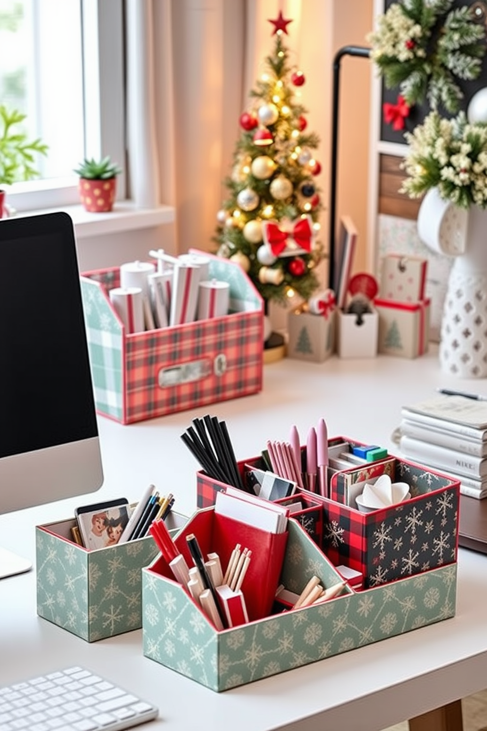 A festive desk runner adorned with holiday-themed fabric featuring vibrant colors and intricate patterns. The runner complements a cozy home office space decorated with twinkling fairy lights and seasonal accents.