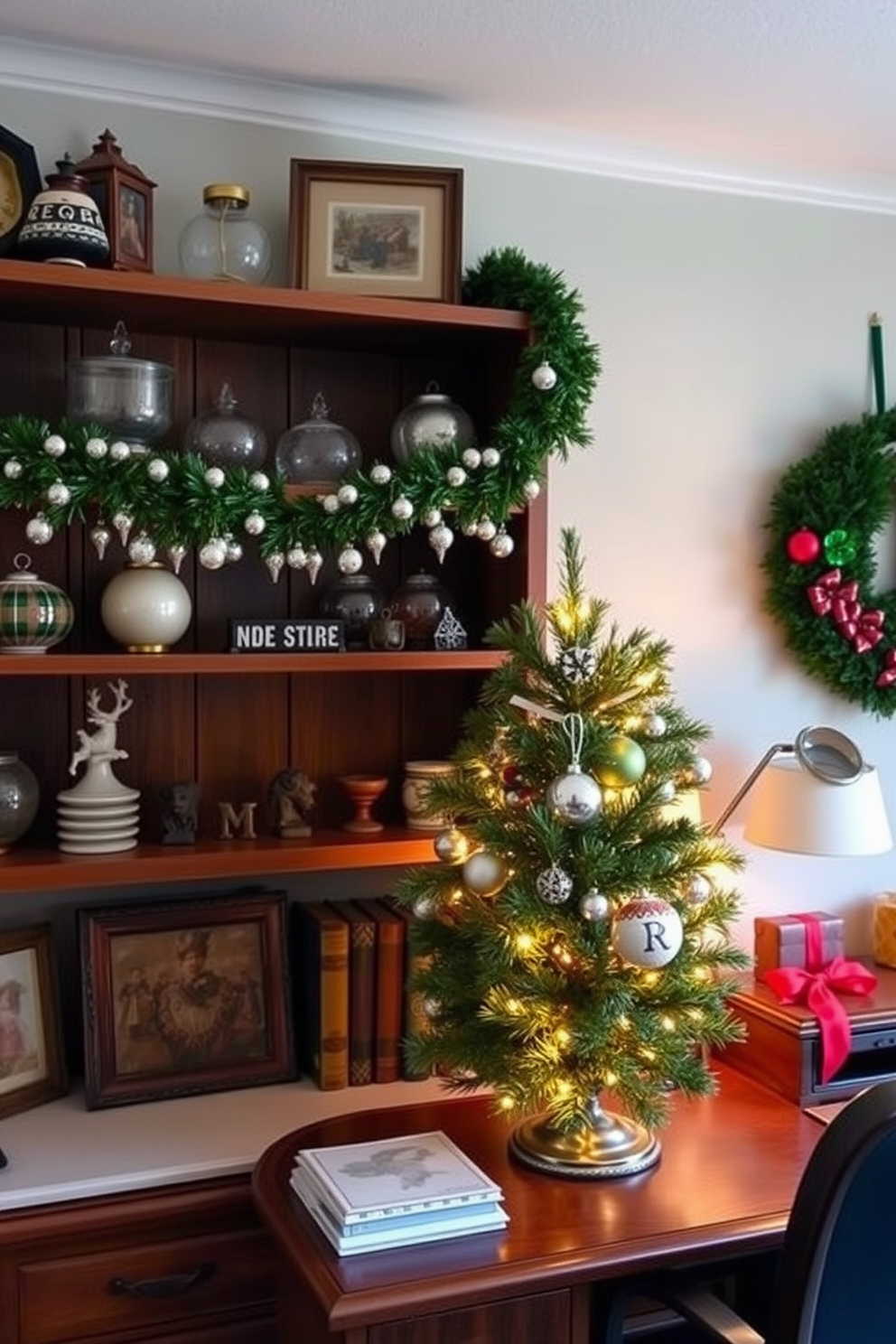 Vintage holiday decorations on shelves create a warm and inviting atmosphere. Delicate glass ornaments and handmade garlands adorn the wooden shelves, complementing the cozy room. In the home office, Christmas decorating ideas bring festive cheer to the workspace. A small evergreen tree sits on the desk, decorated with twinkling lights and personalized ornaments, while a festive wreath hangs on the wall.