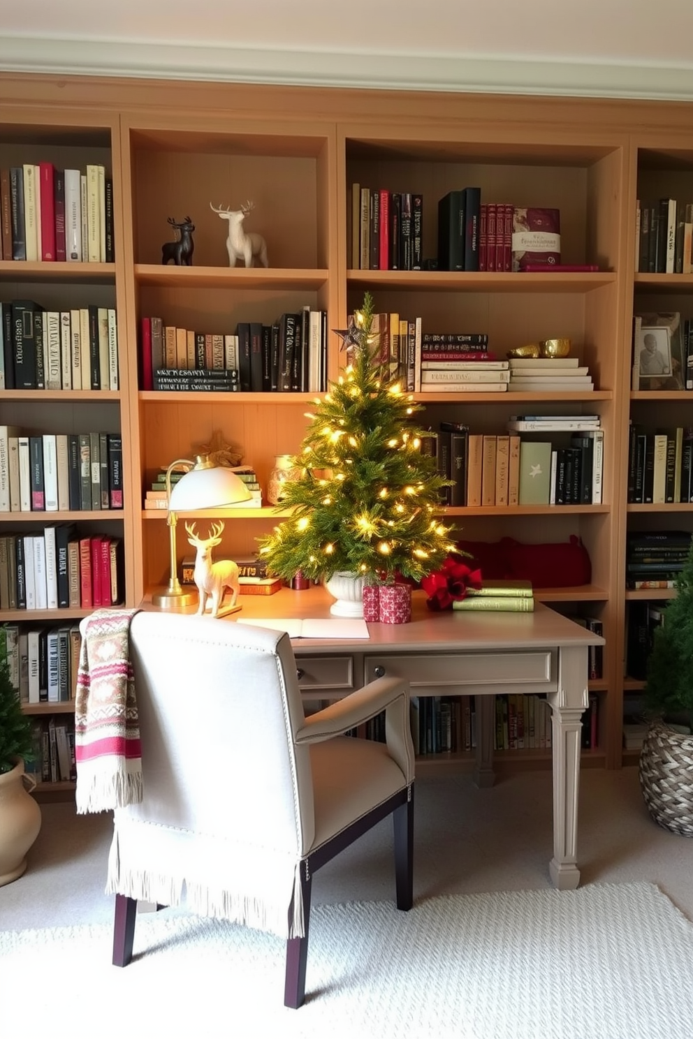 A cozy home office adorned for Christmas features bookshelves lined with a collection of books and decorative items. On the shelves, charming reindeer figurines add a festive touch, creating a warm and inviting atmosphere. The desk is elegantly decorated with a small evergreen tree and twinkling fairy lights. A comfortable chair is positioned at the desk, complemented by a soft throw blanket in seasonal colors.