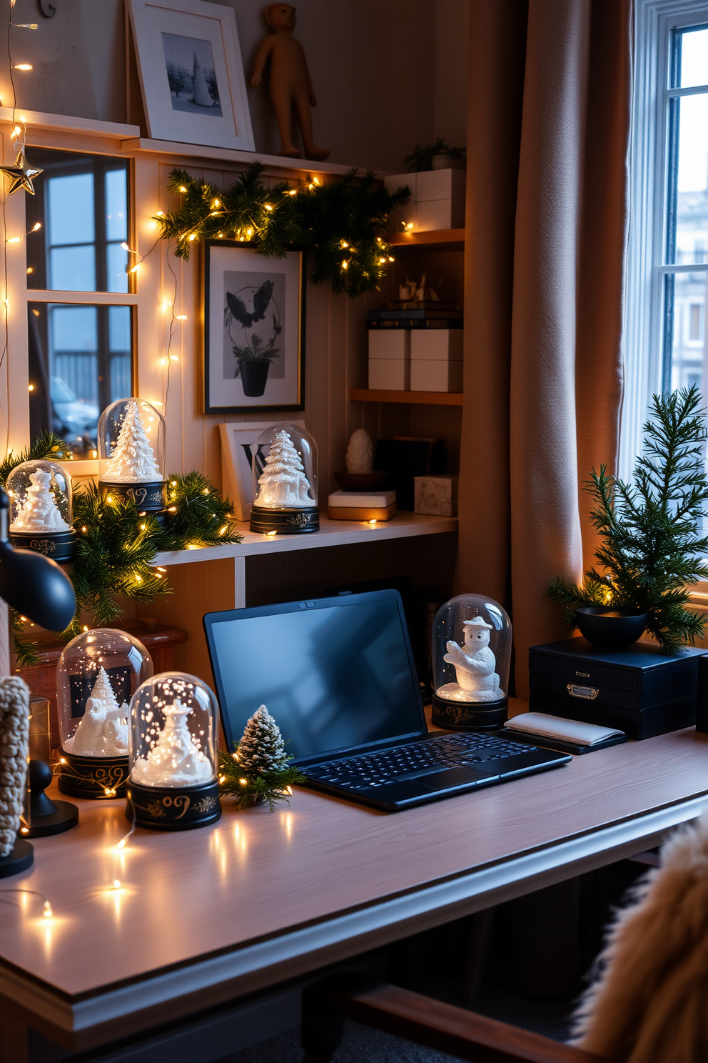 A cozy home office adorned for Christmas. Snow globes of various sizes are displayed on the desk and shelves, surrounded by twinkling fairy lights and festive greenery.