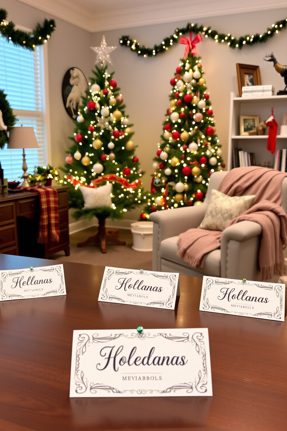 Personalized holiday name tags are elegantly placed on each desk, adding a festive touch to the workspace. The name tags are crafted from high-quality cardstock, featuring intricate designs and adorned with seasonal motifs. The home office is beautifully decorated for Christmas, showcasing a stylish tree in the corner adorned with twinkling lights and colorful ornaments. Festive garlands drape across the shelves, and cozy throw blankets are neatly arranged on the chairs, creating a warm and inviting atmosphere.