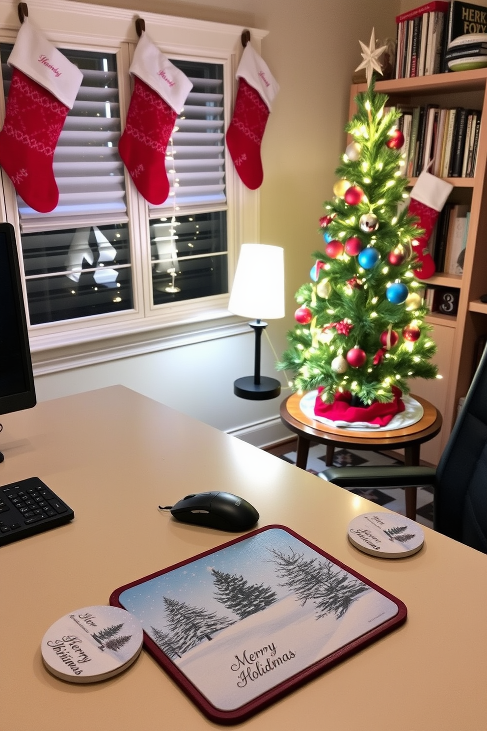 A cozy home office decorated for the holidays. The desk is adorned with a festive mouse pad featuring a winter scene, and matching coasters are placed on the side table. A small Christmas tree sits in the corner, decorated with twinkling lights and colorful ornaments. Stockings hang from the bookshelves, adding a cheerful touch to the workspace.