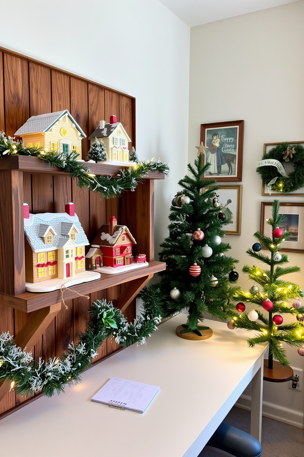 A charming mini holiday village is displayed on a rustic wooden shelf. Each house is adorned with twinkling lights and snow-dusted rooftops, creating a cozy winter scene. The home office is transformed into a festive workspace with a small Christmas tree placed in the corner. Decorative garlands drape over the desk, and holiday-themed artwork is hung on the walls to enhance the seasonal spirit.