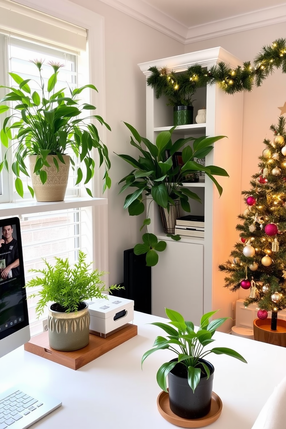 A serene home office adorned with lush greenery in decorative pots. The vibrant plants are strategically placed on the desk and shelves, creating a refreshing and inviting atmosphere. For Christmas decorating ideas, the home office is elegantly styled with festive touches. A small Christmas tree sits in the corner, adorned with twinkling lights and colorful ornaments, while garlands drape across the shelves, adding a cozy holiday charm.