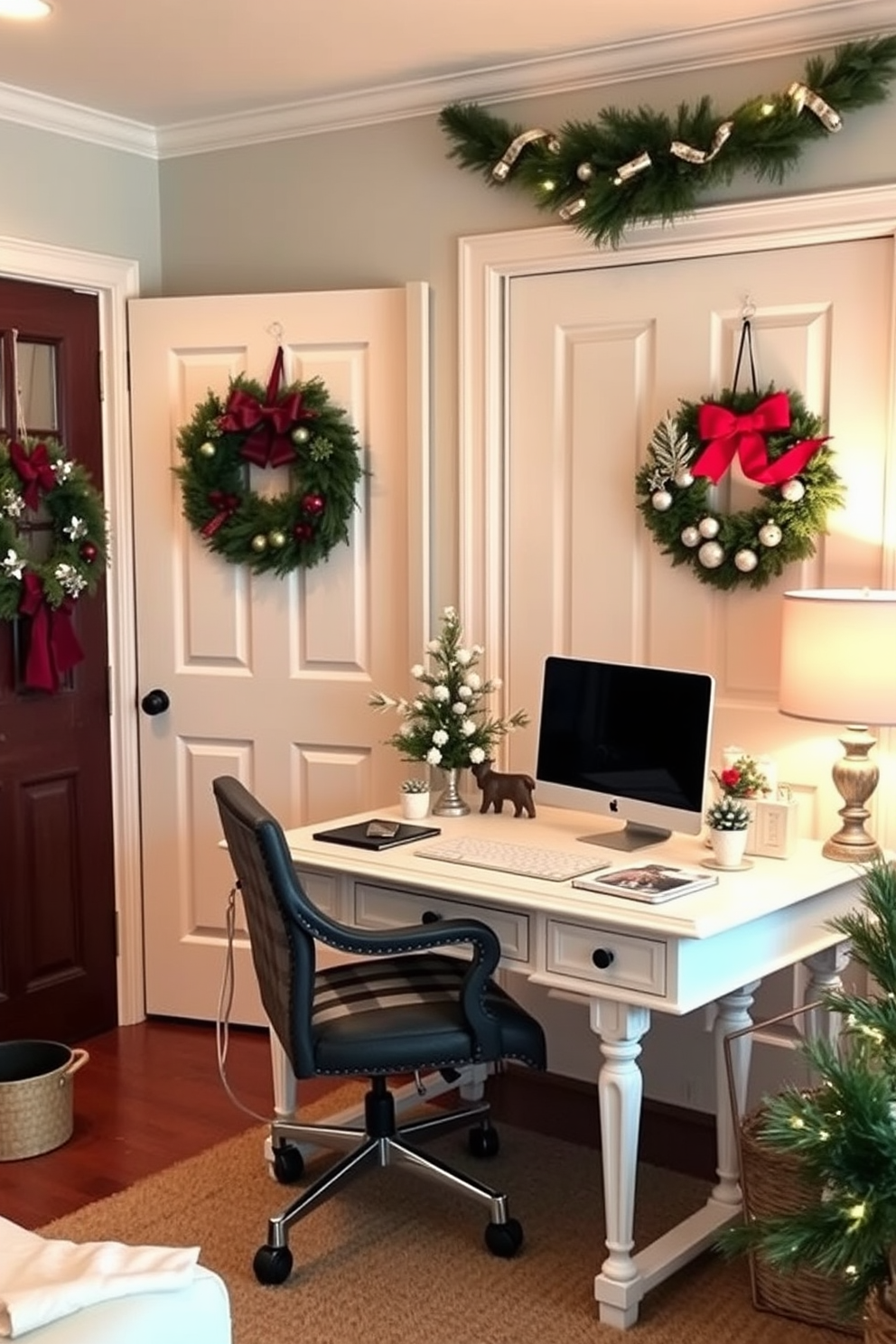 A festive wreath adorned with red berries and pinecones hangs on the office door, welcoming visitors with a touch of holiday cheer. The door is painted in a deep green color, providing a beautiful contrast to the vibrant wreath. Inside, the home office is decorated with twinkling fairy lights draped along the bookshelves, creating a warm and inviting atmosphere. A small Christmas tree sits in the corner, decorated with gold ornaments and a star on top, adding a festive spirit to the workspace.