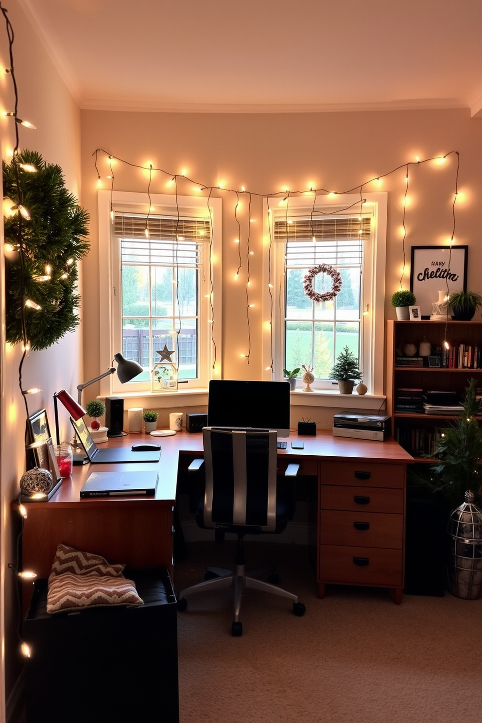 A cozy home office adorned with string lights creating a warm ambiance. The workspace features a sleek wooden desk with a comfortable chair and festive decorations scattered throughout.