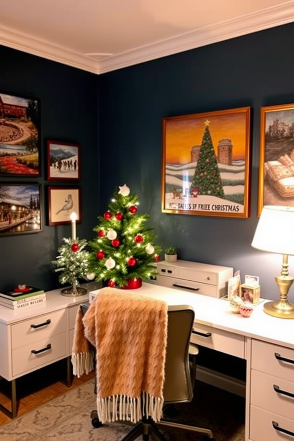 A cozy home office adorned with holiday-themed wall art. The walls feature vibrant prints of festive scenes, and a small Christmas tree sits in the corner, decorated with twinkling lights. A stylish desk is decorated with seasonal ornaments and a warm throw blanket draped over the chair. Soft lighting from a desk lamp creates a welcoming atmosphere perfect for holiday productivity.