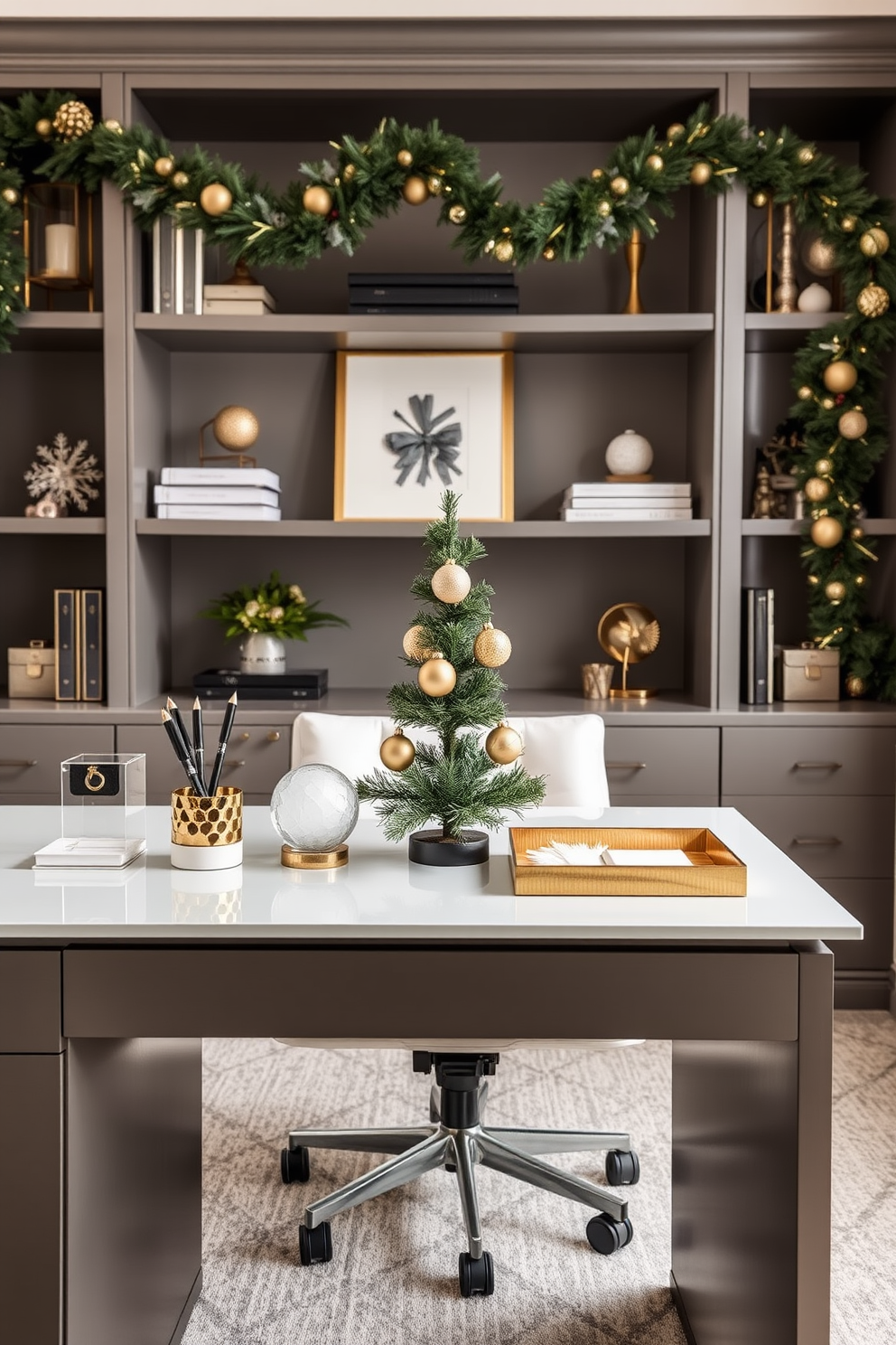 A stylish home office featuring a sleek desk adorned with elegant gold and silver desk accessories. The accessories include a chic pen holder, a sophisticated paperweight, and a decorative tray, all complementing the modern workspace. For Christmas, the office is decorated with tasteful holiday accents. A small evergreen tree sits on the desk, adorned with gold and silver ornaments, while festive garlands drape elegantly across the shelves.