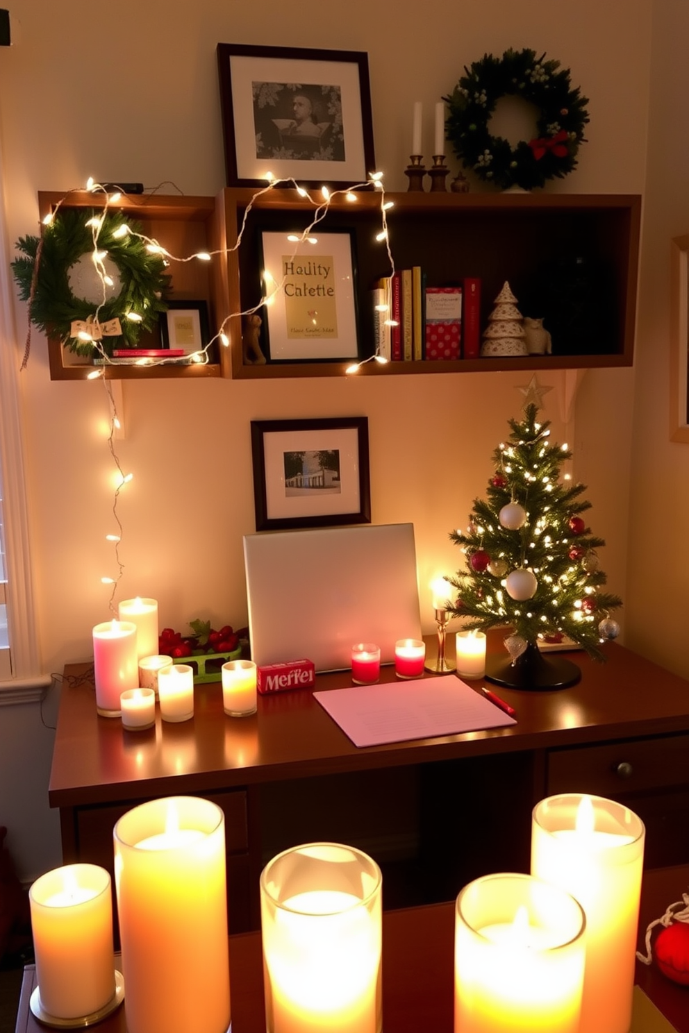 A cozy home office decorated for the holidays. The desk is adorned with scented candles in festive fragrances, creating a warm and inviting atmosphere. String lights are draped across the shelves, adding a touch of sparkle. A small Christmas tree sits in the corner, decorated with ornaments that complement the room's color scheme.