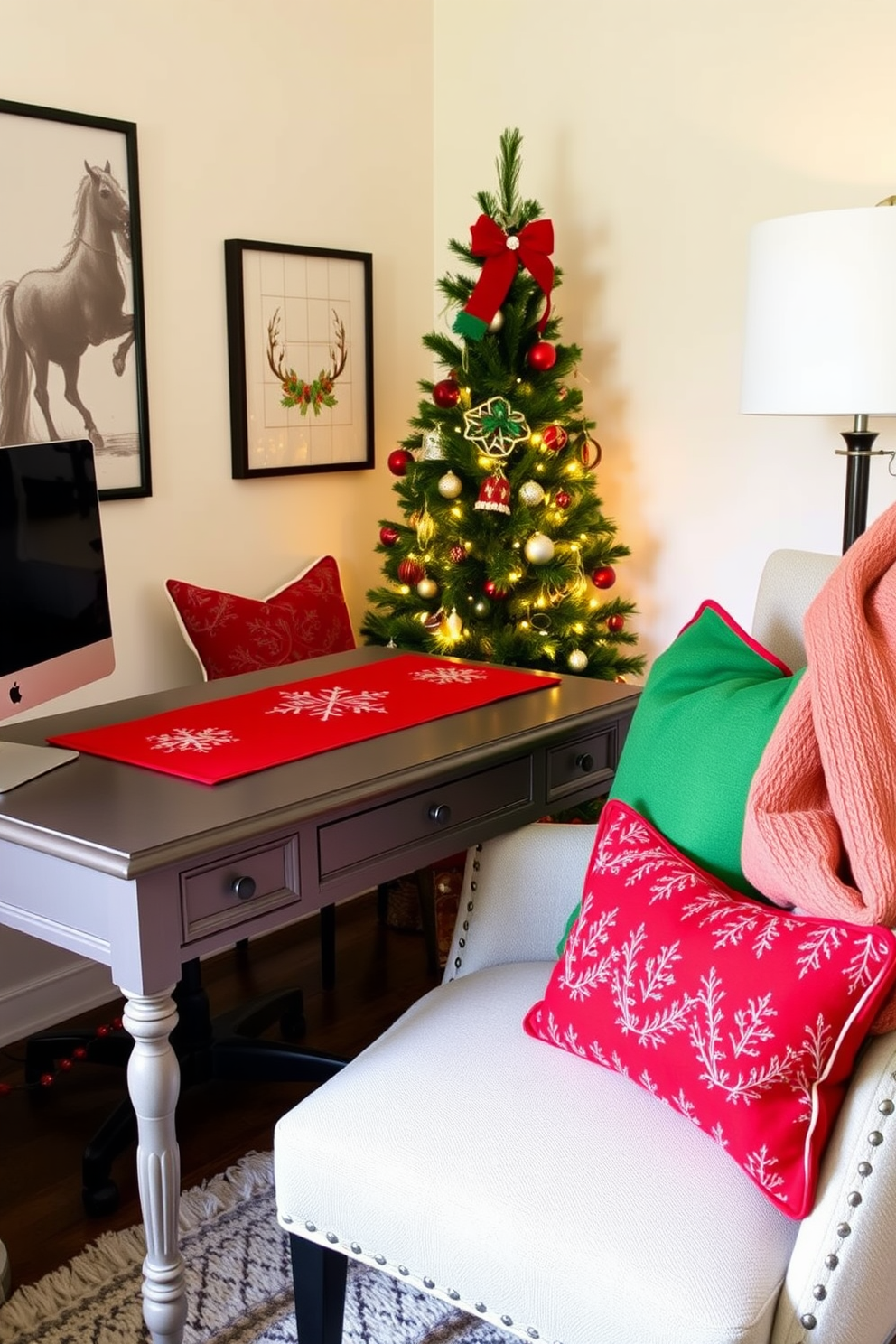 A cozy home office decorated for Christmas features a stylish desk adorned with a festive red table runner. On the chair, vibrant red and green decorative pillows add a cheerful touch, complementing the seasonal spirit. The walls are adorned with subtle holiday-themed artwork, while a small evergreen tree sits in the corner, decorated with twinkling lights. A warm throw blanket drapes over the arm of the chair, inviting comfort during the chilly winter months.