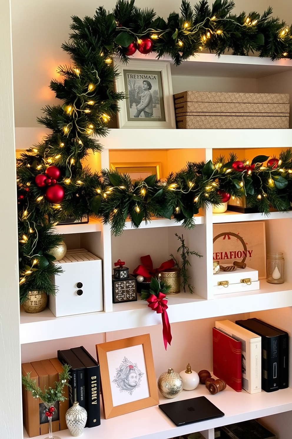 A cozy home office decorated for Christmas features garlands draped elegantly over the shelves. The shelves are adorned with twinkling fairy lights and festive ornaments, creating a warm and inviting atmosphere.