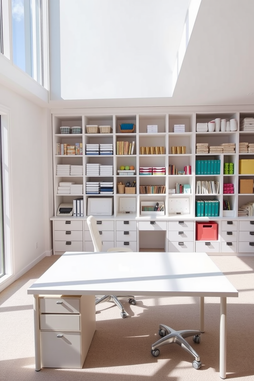 A vibrant home office filled with bright colors that stimulate creativity. The walls are painted in a cheerful yellow, while the furniture features a mix of turquoise and coral accents. A spacious craft room designed for artistic expression. The room is equipped with a large worktable surrounded by colorful storage bins and shelves filled with various art supplies.