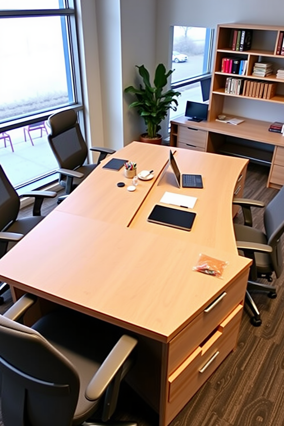 A bright and airy home office featuring a large wooden desk positioned near a window that allows natural light to flood the space. Lush green plants are placed on the desk and in the corners, creating a refreshing vibe and enhancing productivity. A vibrant craft room filled with colorful storage solutions and a spacious work table for various projects. Shelves lined with art supplies are complemented by potted plants that add a touch of nature to the creative environment.