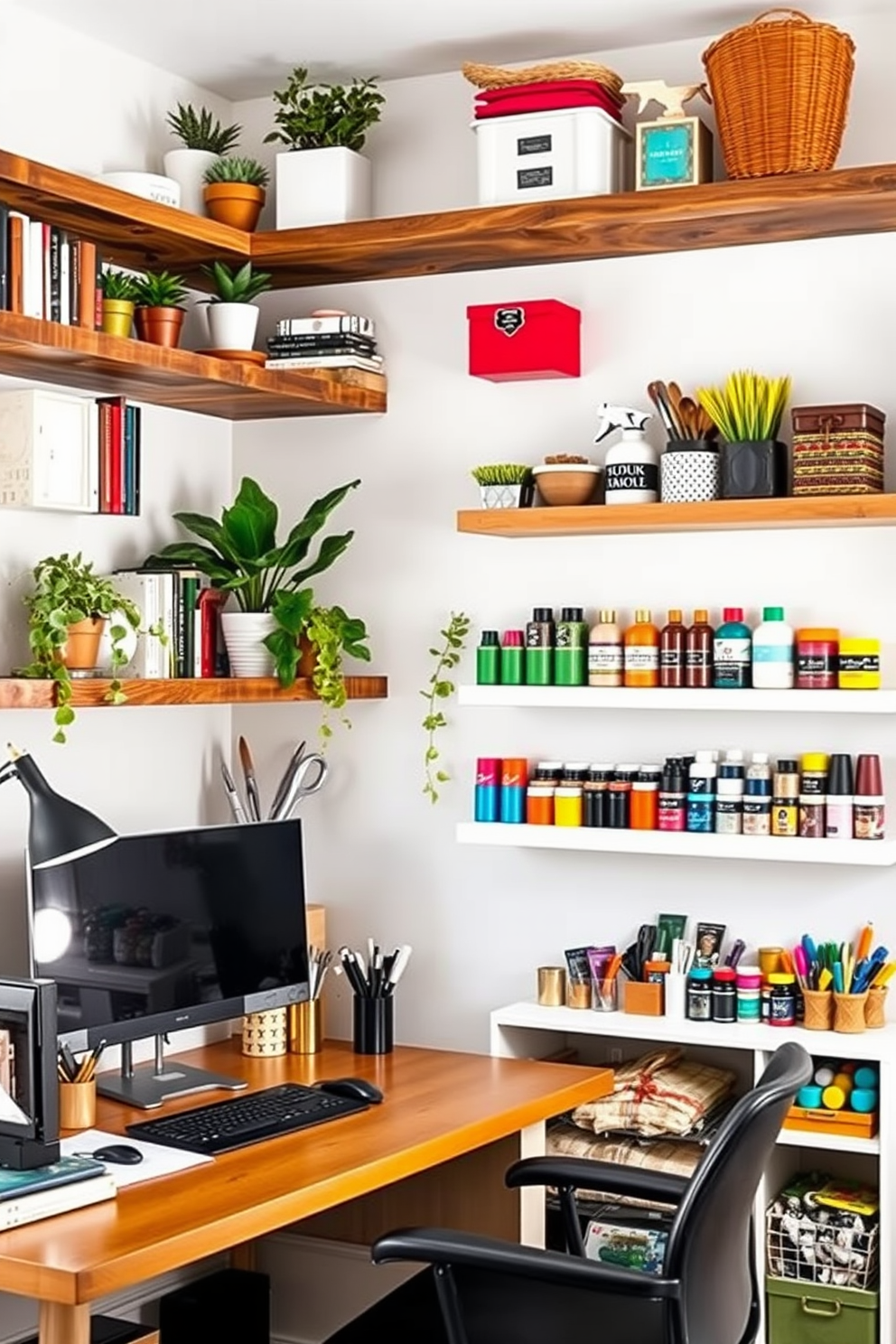 A creative home office craft room featuring a chalkboard wall for notes. The space includes a large wooden table surrounded by colorful chairs, with shelves filled with art supplies and inspirational decor.