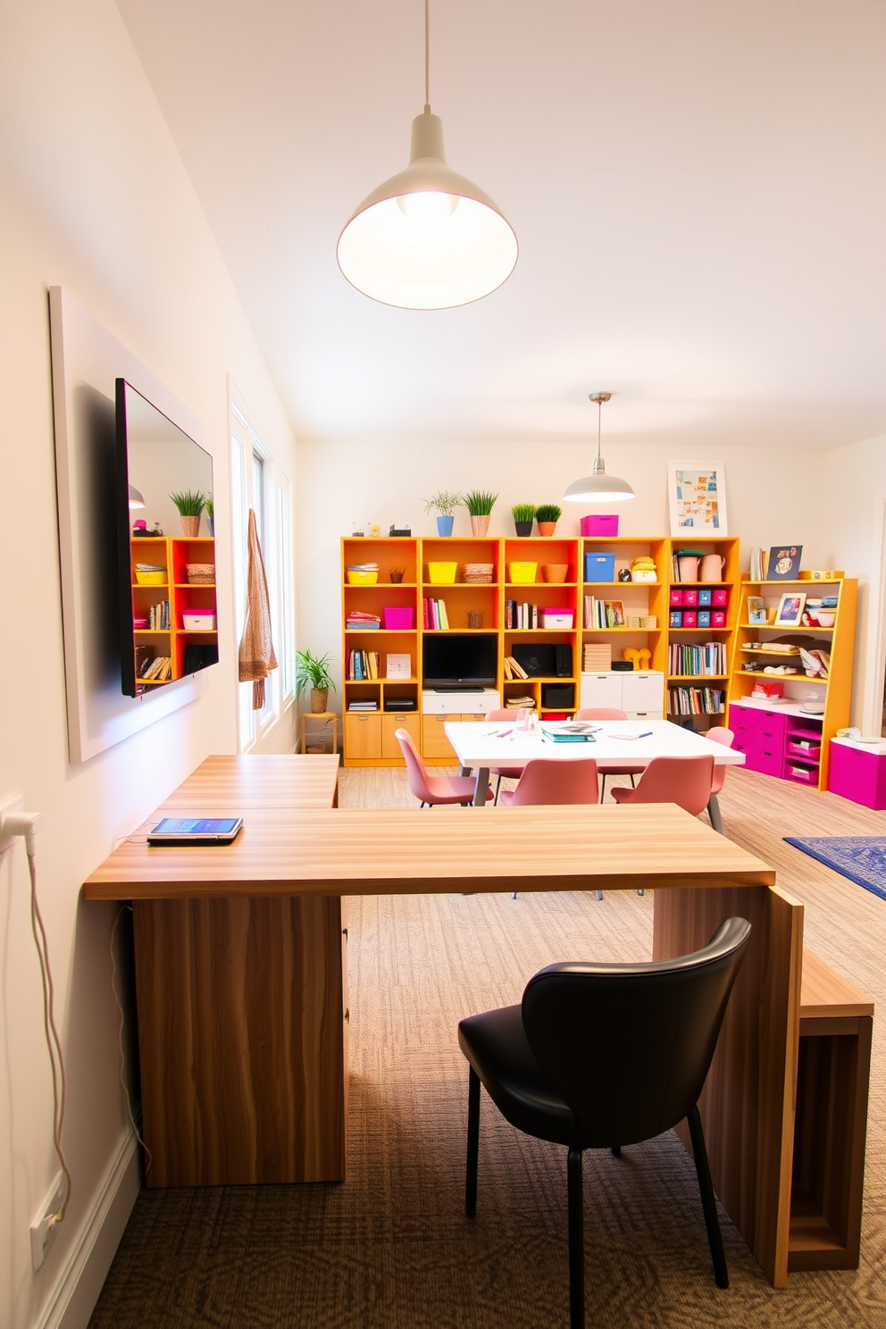 A sleek desk with integrated charging ports is positioned against a wall, featuring a minimalist design with clean lines and a natural wood finish. The workspace is illuminated by a modern pendant light overhead, creating a bright and inviting atmosphere. In the craft room, vibrant storage solutions are utilized to organize supplies, with open shelving displaying colorful materials and tools. A large worktable in the center offers ample space for creativity, surrounded by comfortable seating and inspiring decor.