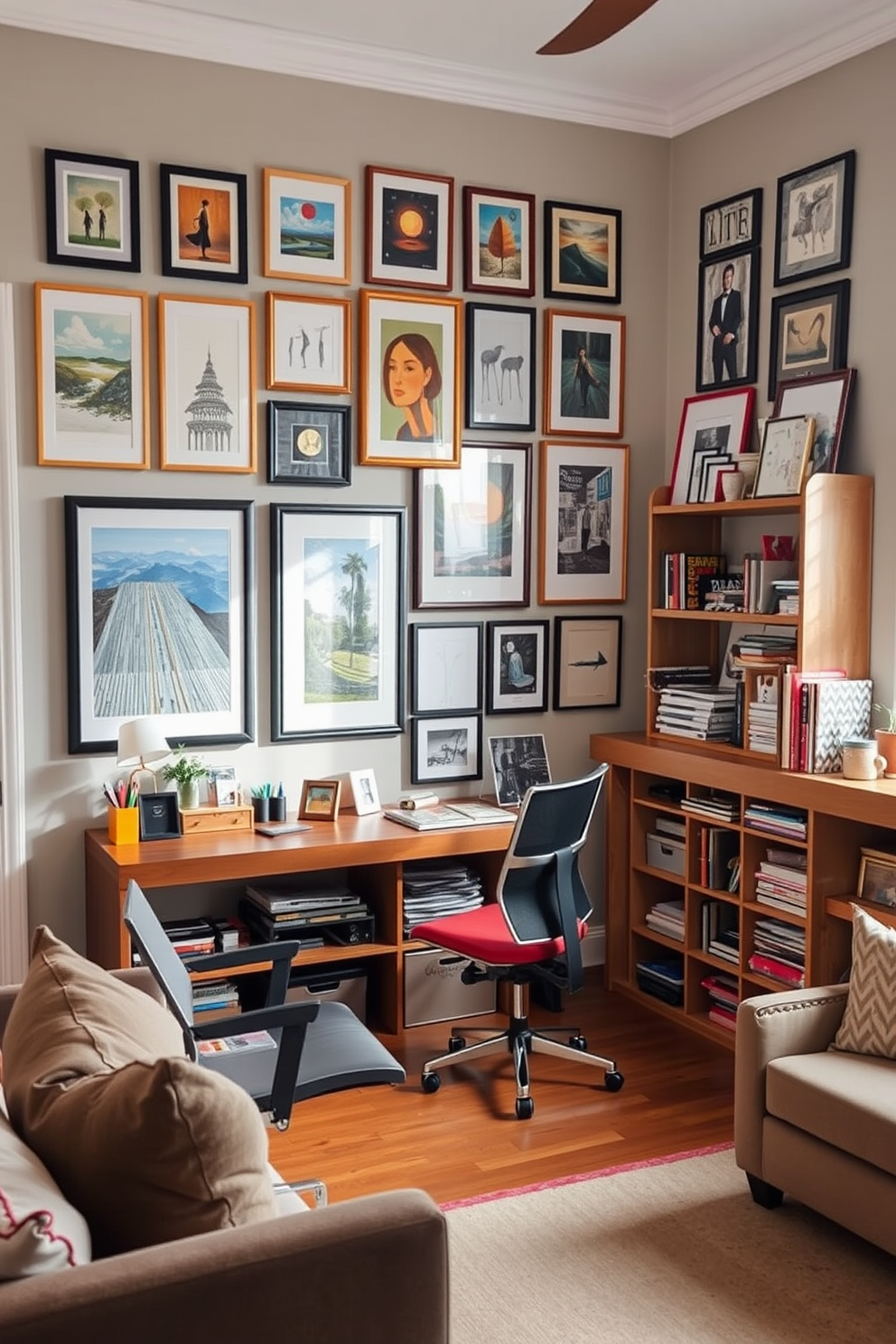 A cozy home office blends vintage and modern decor styles. A reclaimed wood desk with sleek metal legs sits against a wall adorned with framed art and vintage bookshelves. Colorful craft supplies are neatly organized on open shelves, creating a vibrant atmosphere. A comfortable armchair with a retro pattern invites creativity, while a modern light fixture adds a contemporary touch.