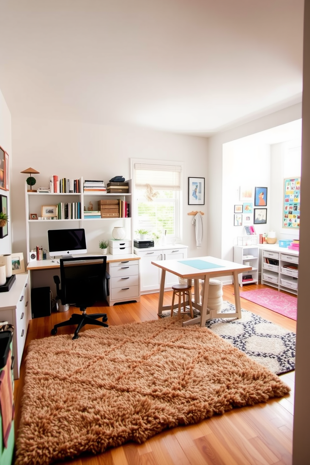 A cozy home office featuring a soft area rug that adds warmth to the space. The room is designed with a modern desk, ergonomic chair, and shelves filled with books and decorative items. A bright craft room filled with natural light and a plush area rug for comfort. The space includes a large work table, organized storage for supplies, and colorful artwork on the walls.