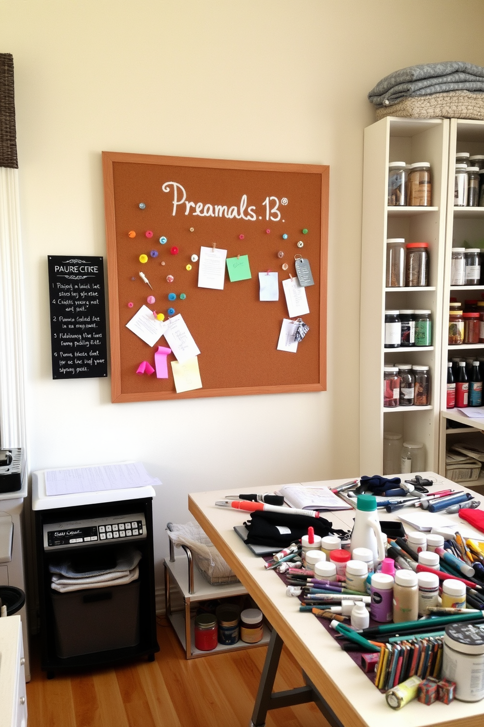 A personalized corkboard is mounted on the wall in a home office. It is surrounded by colorful pushpins and notes, creating an inspiring and organized workspace. The craft room features a spacious table covered in various art supplies. Shelves filled with jars of paint, fabric, and tools line the walls, providing easy access to materials for creative projects.