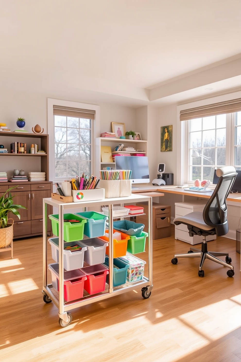 A stylish craft cart on wheels enhances flexibility and mobility in the home office craft room. The cart features multiple tiers for storage and is adorned with colorful containers to organize supplies efficiently. The workspace includes a large desk with ample surface area for projects and a comfortable ergonomic chair. Bright, natural light floods the room through large windows, creating an inspiring and productive atmosphere.