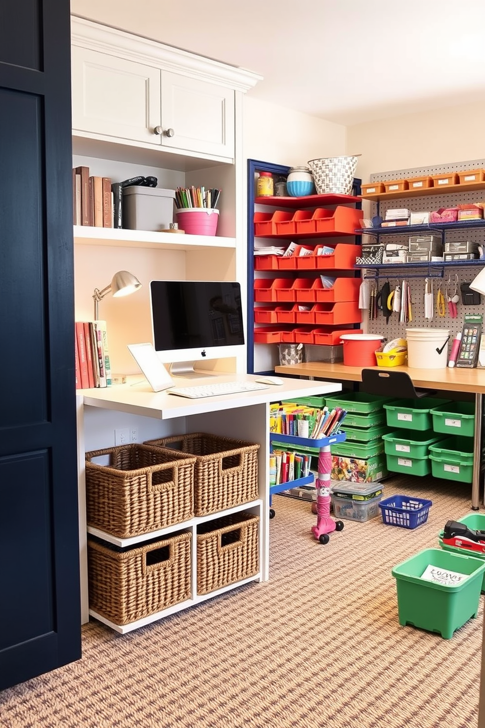 A bright and inviting home office craft room features a large wooden desk positioned against a window, allowing natural light to flood the space. The walls are painted in a soft pastel color, and a bulletin board filled with inspiring ideas and colorful images hangs above the desk. To the right of the desk, a tall shelving unit displays an array of craft supplies, organized in clear bins and jars. A cozy armchair with a patterned throw is placed in the corner, creating a comfortable reading nook for relaxation and creativity.