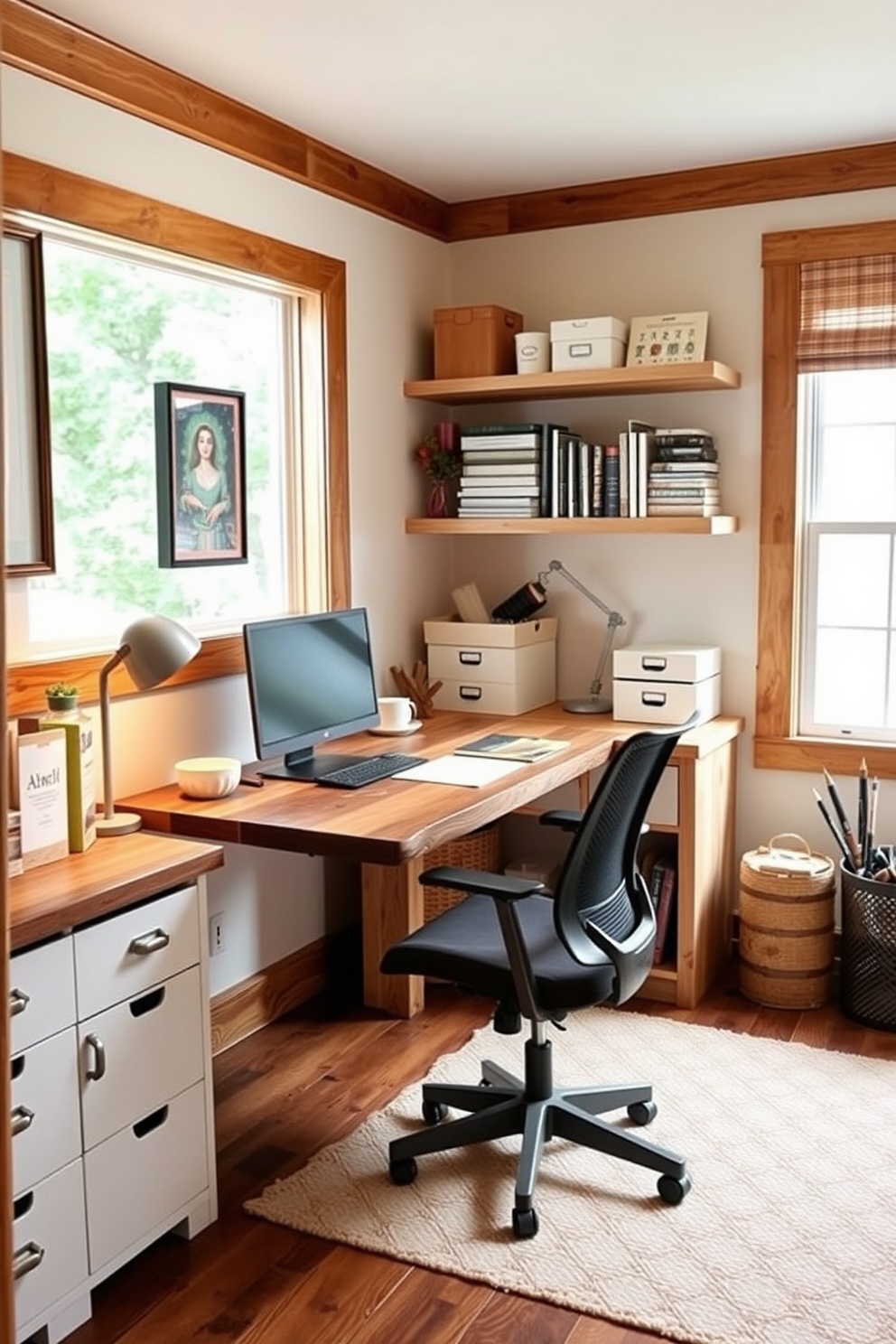 A cozy home office with natural wood tones creates a warm atmosphere. The desk is made of reclaimed wood, paired with a comfortable ergonomic chair and surrounded by shelves filled with craft supplies. The walls are painted in a soft cream color, complementing the rich wood accents. A large window lets in ample natural light, enhancing the inviting ambiance of the space.