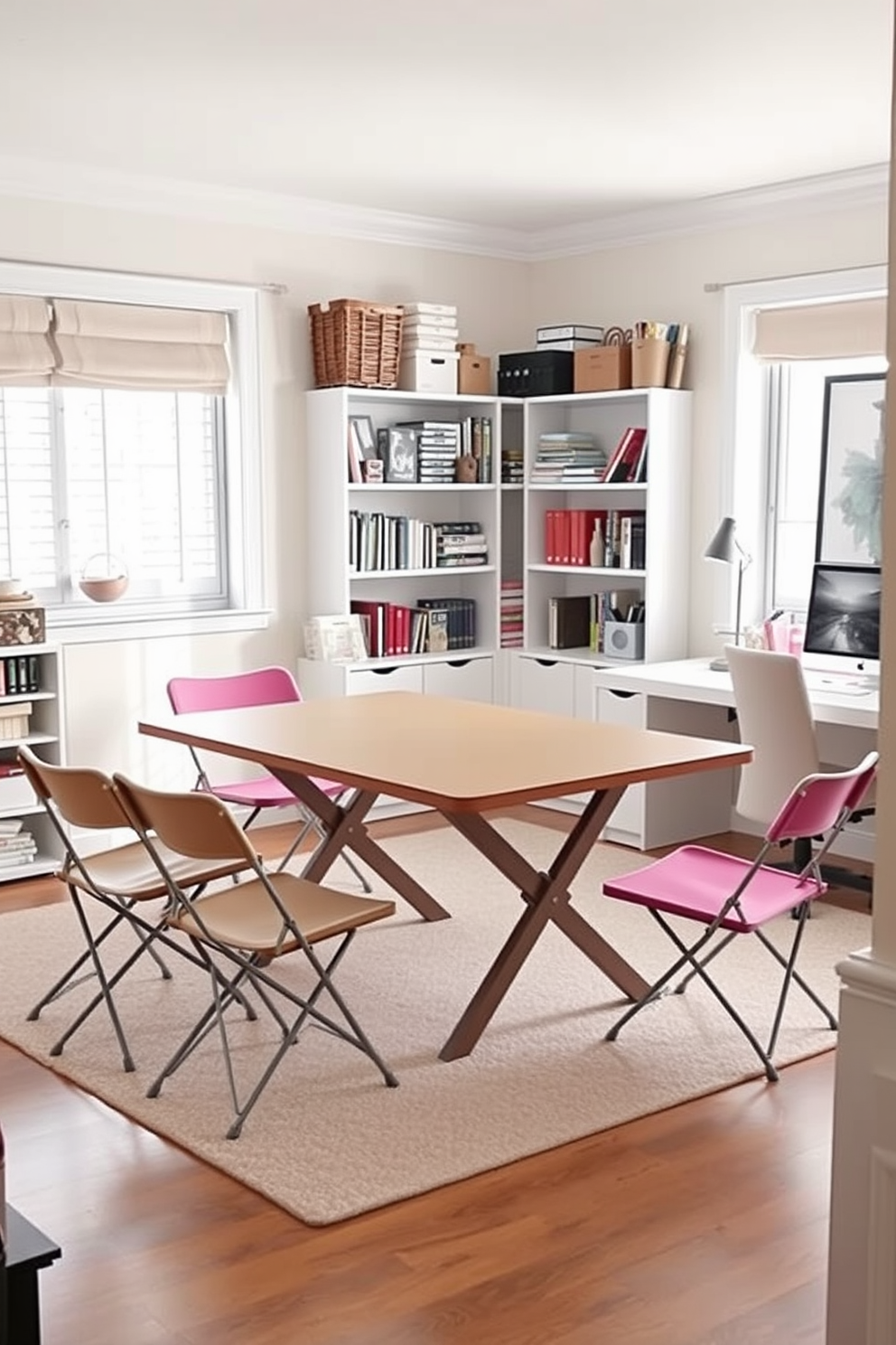 Lightweight folding chairs arranged around a large crafting table create a versatile seating area. The walls are painted in a soft pastel color, and shelves filled with craft supplies line the room. A home office with a sleek desk positioned by a window allows for natural light to flood the space. The decor features modern artwork and a comfortable chair, promoting both productivity and creativity.