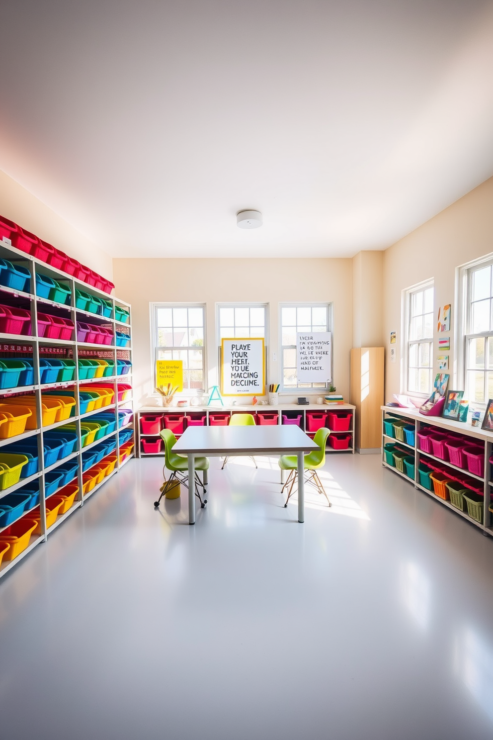 Colorful storage bins are neatly arranged along the shelves, creating a vibrant and organized atmosphere. The walls are painted in a soft pastel hue, providing a calming backdrop for creativity. A spacious desk sits in the center, surrounded by bright artwork and inspirational quotes. Natural light floods the room through large windows, enhancing the cheerful ambiance and making it an ideal workspace.