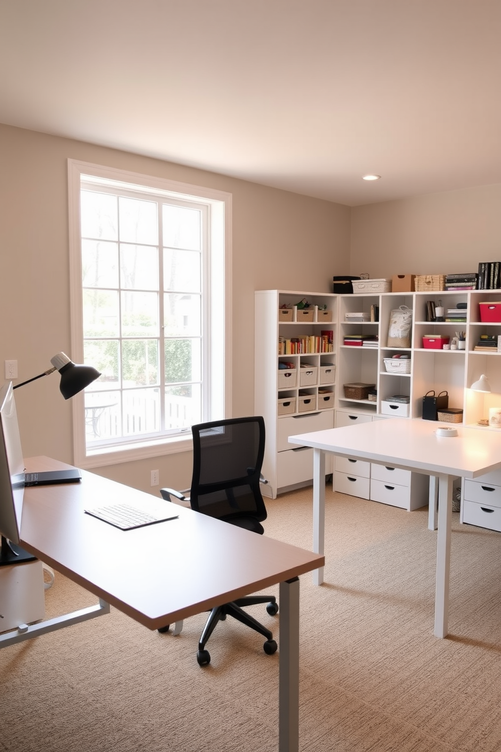 A stylish home office featuring a large wooden desk positioned against a wall with built-in shelves filled with books and decorative items. A comfortable ergonomic chair sits at the desk, and a cozy reading nook with a plush armchair and a small side table is located in the corner. A vibrant craft room designed for creativity with ample storage solutions including colorful bins and shelves filled with supplies. A large work table in the center allows for multiple projects, while bright lighting illuminates the space, inspiring artistic endeavors.