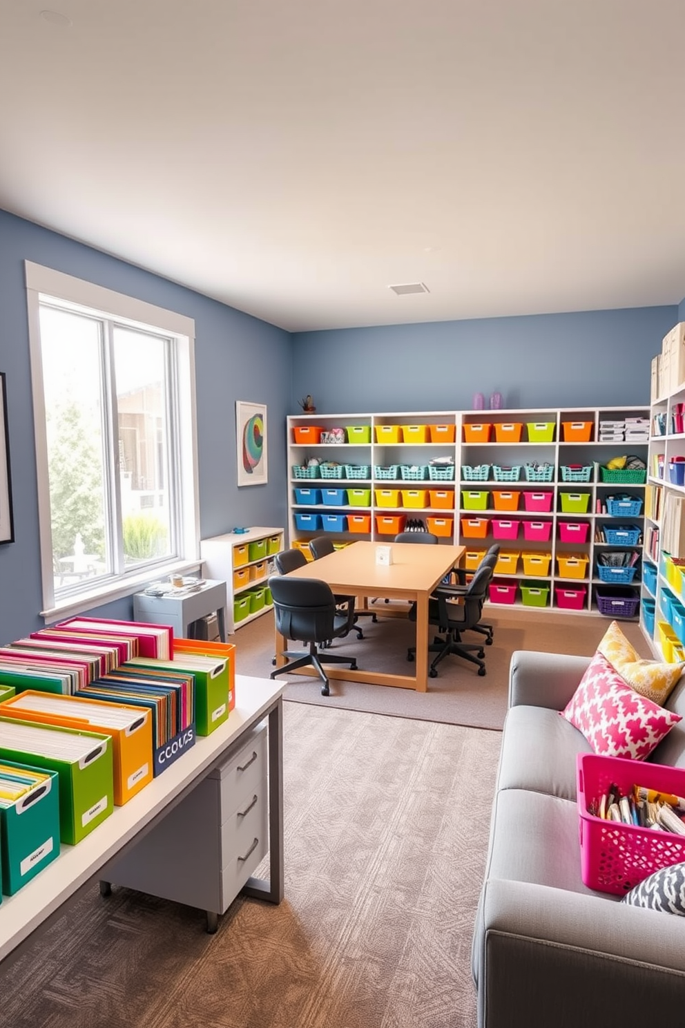 A cozy home office craft room filled with natural light. The space features a large wooden desk with a comfortable ergonomic chair, surrounded by shelves filled with colorful craft supplies. A soft area rug in warm tones is placed under the desk to add warmth and comfort. The walls are painted in a light pastel color, and a bulletin board filled with inspiration and notes hangs above the desk.