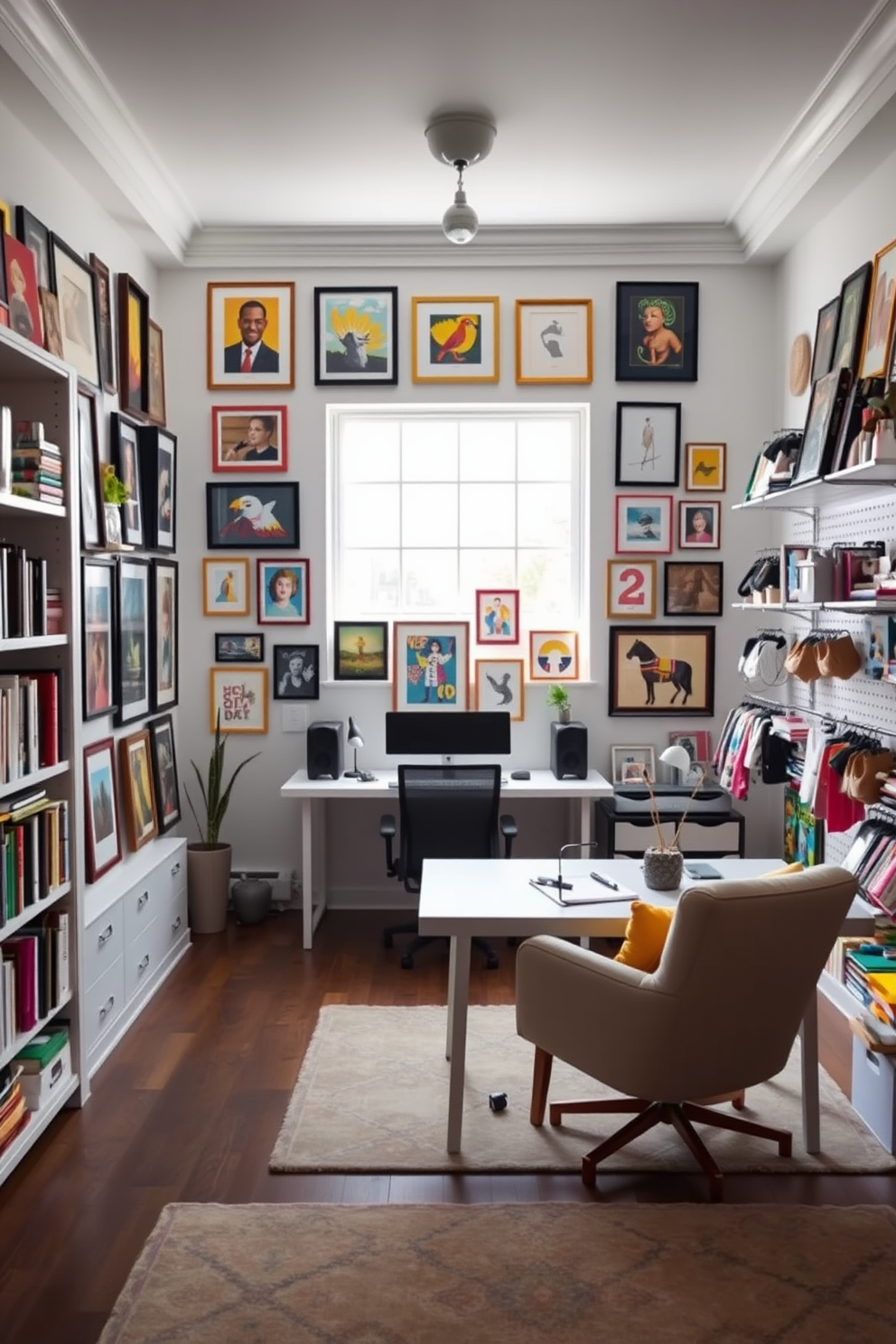 A gallery wall showcasing personal artwork features an eclectic mix of framed pieces in various sizes and styles. The wall is painted in a soft white hue to allow the vibrant colors of the artwork to pop, creating a personalized and inviting atmosphere. The home office is designed with a sleek modern desk positioned in front of a large window, allowing natural light to flood the space. Shelves filled with books and decorative items line the walls, while a comfortable ergonomic chair provides a perfect spot for productivity. The craft room is filled with bright colors and organized storage solutions, featuring a large crafting table in the center. Walls are adorned with pegboards to hold supplies, and a cozy reading nook is created with a plush chair and soft lighting for inspiration.