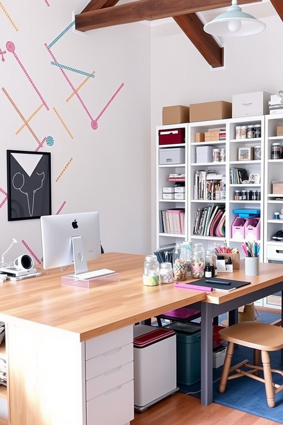 A cozy home office craft room featuring a comfortable sofa in a soft fabric that invites relaxation during breaks. The room is filled with natural light from large windows, and the walls are adorned with inspirational artwork and shelves filled with craft supplies.