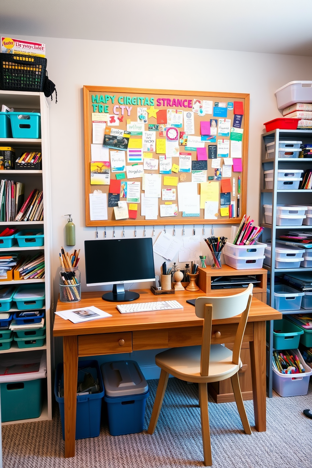 A bright and organized home office craft room features clear containers neatly arranged on open shelving, showcasing colorful supplies for easy visibility. A large worktable in the center is surrounded by comfortable seating, with a soft rug underfoot to add warmth and texture.