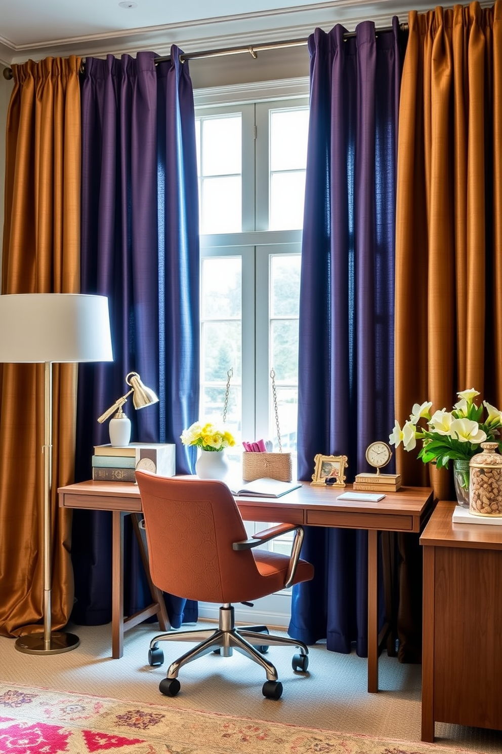 A cozy home office featuring a large wooden desk positioned against a wall adorned with framed artwork and personal photos. A stylish ergonomic chair complements the desk, and a bookshelf filled with books and decorative items adds character to the space. A bright and inspiring craft room with ample natural light streaming through a large window. The room includes a large work table covered with colorful supplies, and pegboards on the walls display organized tools and materials for creative projects.