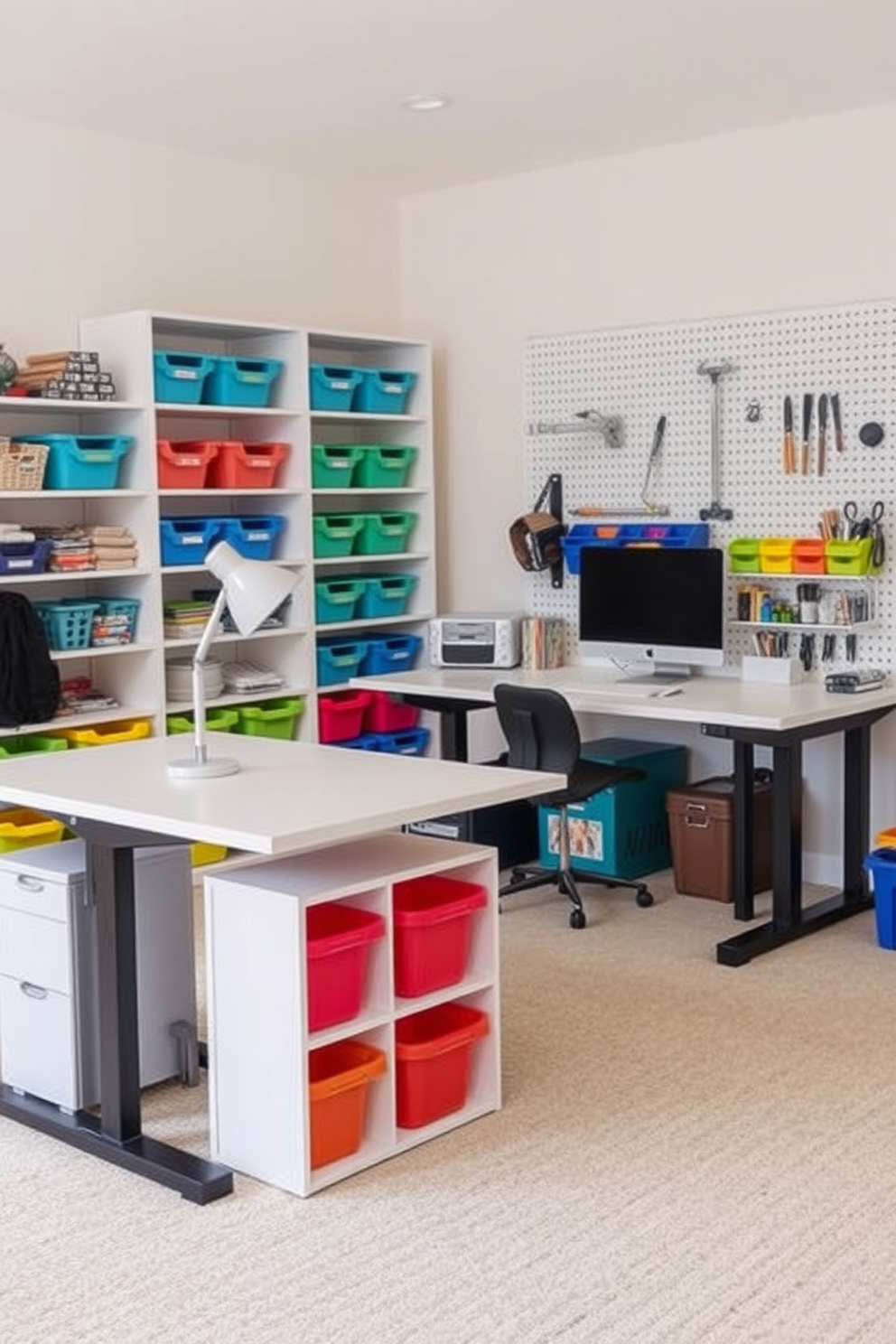 Customizable furniture for evolving needs. A sleek desk with adjustable height settings is paired with modular shelving units that can be rearranged as needed. Home Office Craft Room Design Ideas. A bright and airy space features a large work table surrounded by colorful storage bins and pegboards for easy organization.