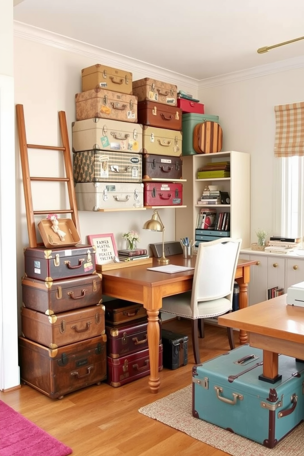 Vintage suitcases stacked creatively in a corner provide unique storage solutions while adding character to the room. They are adorned with travel stickers and paired with a rustic wooden ladder for display. A bright and airy home office features a large wooden desk with vintage suitcases underneath for organized storage. The walls are painted in soft pastels, and a comfortable chair adds a touch of elegance to the workspace. The craft room is designed with a cheerful color palette and includes a large table for projects. Vintage suitcases serve as stylish storage for supplies, keeping the space tidy and inspiring creativity.