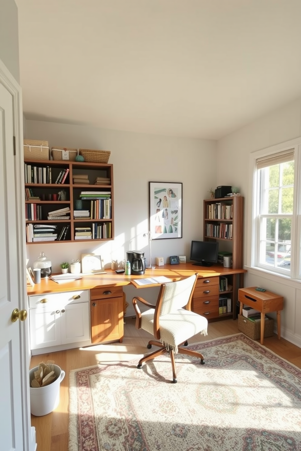 A cozy home office craft room with a fold-down table that seamlessly integrates into the space for flexibility. The walls are painted in a soft pastel color, and natural light floods in through a large window, illuminating the organized shelves filled with craft supplies. The fold-down table is made of light wood, easily collapsible when not in use, and surrounded by comfortable seating. A bulletin board hangs above the table, displaying inspiration and notes, while a plush area rug adds warmth to the room.