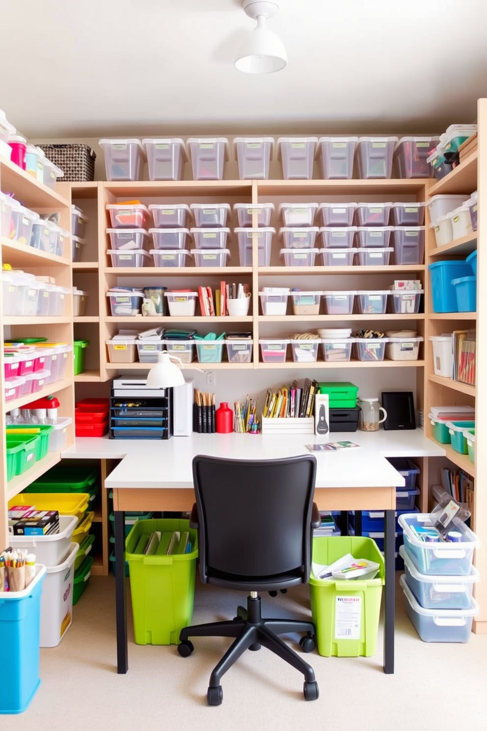 A bright and organized home office craft room features clear bins neatly arranged on open shelving for easy visibility and access to supplies. The workspace includes a large table in the center, surrounded by colorful storage containers and a comfortable chair, creating an inviting atmosphere for creativity.